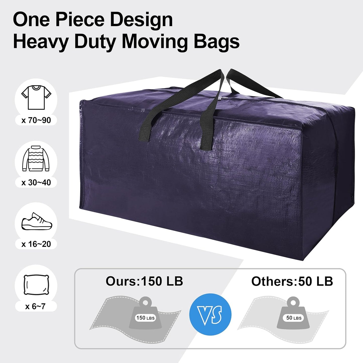 6 Pack Heavy Duty Extra Large Moving Bags W/Backpack Straps - Strong Handles & Zippers, Storage Totes For Space Saving, Fold Flat, Alternative to Box and Bin (40 gal, Blue)