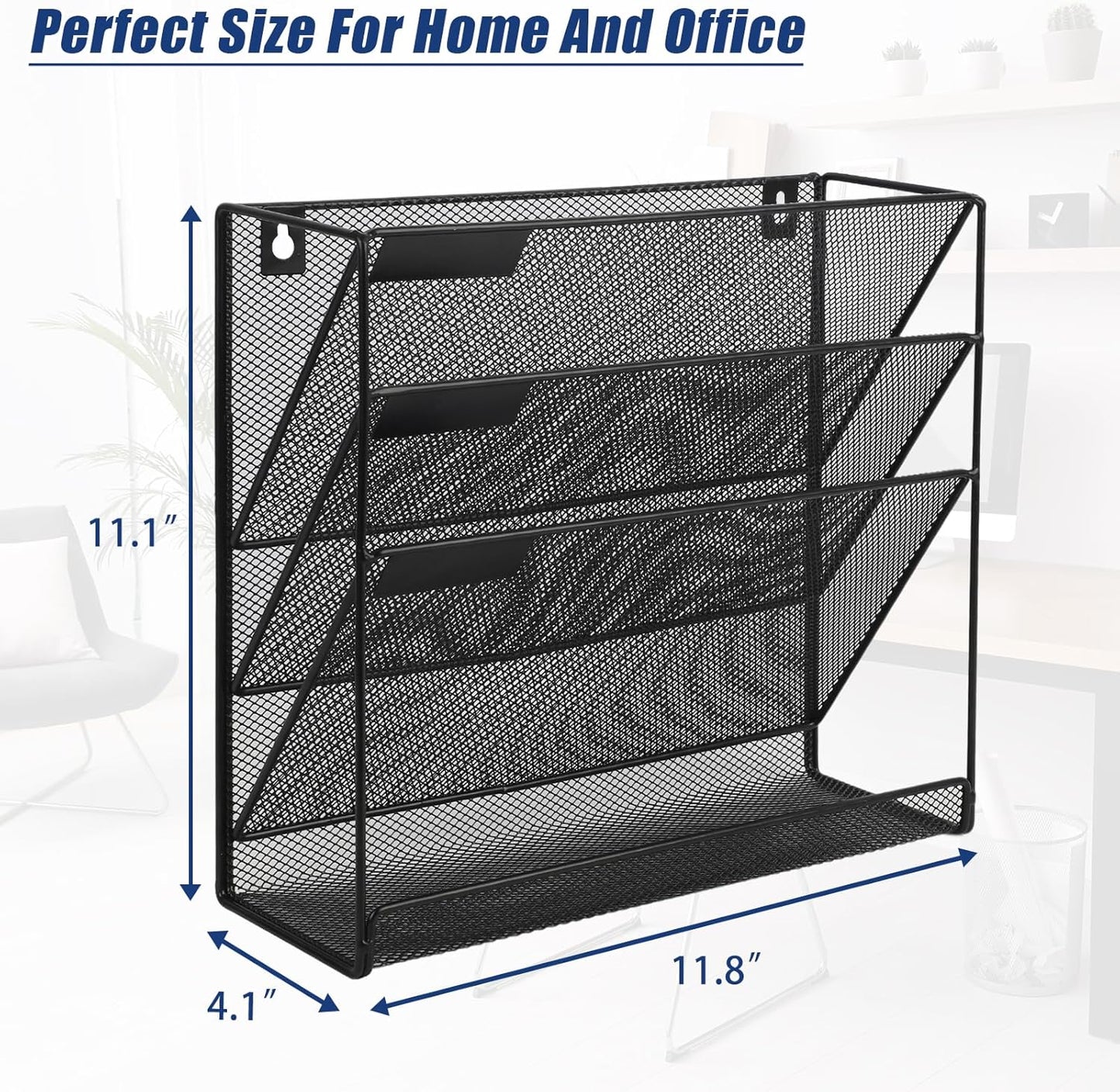EASEPRES Desk File Organizer Mesh 4-Tier, Hanging Wall Mount Document Organization Stand, Desktop Vertical Mail Paper Folder Holder Rack with Bottom Tray for Office Home Cubicle Countertop, Black