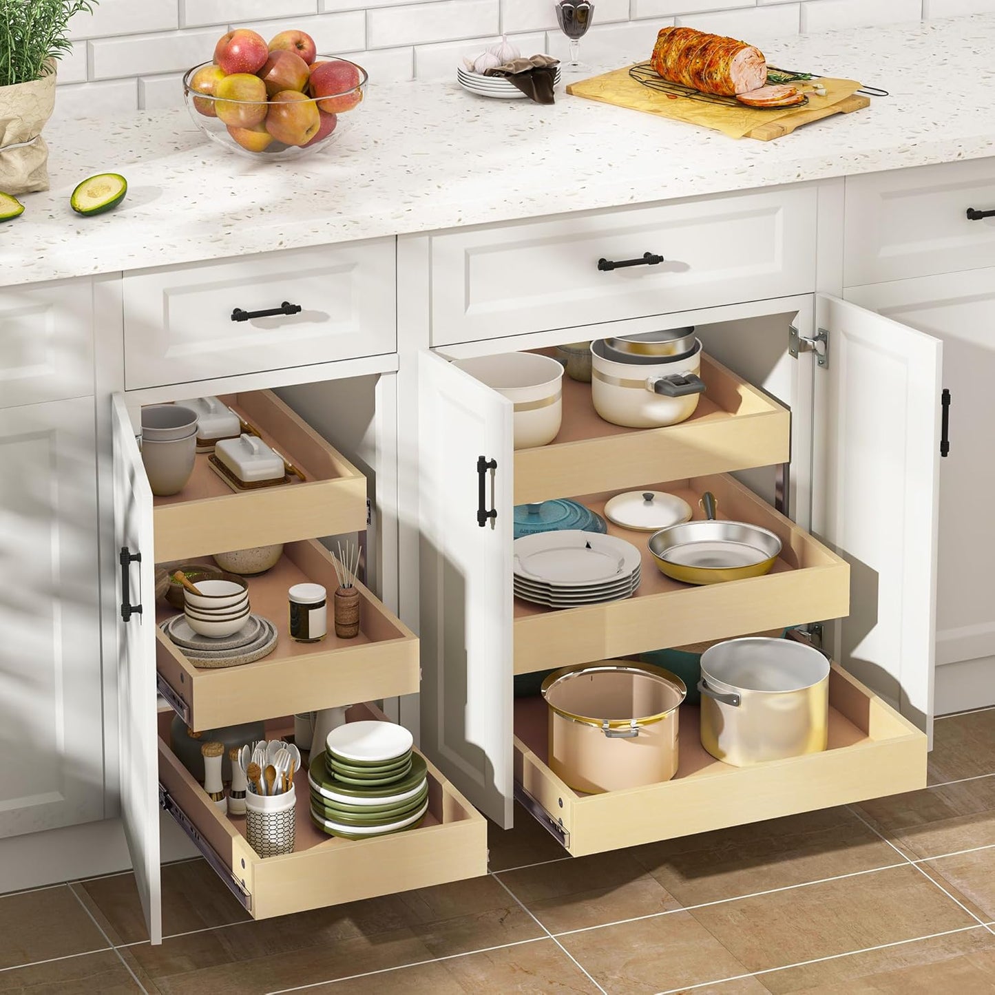WelFurGeer 3-Tier Pull Out Cabinet Organizer with Soft Close, Heavy-Duty Slide Out Drawers for Cabinets, Pull Out Drawers for Cabinets, Bottom Mount Shelves for Kitchen, Pantry, Bathroom