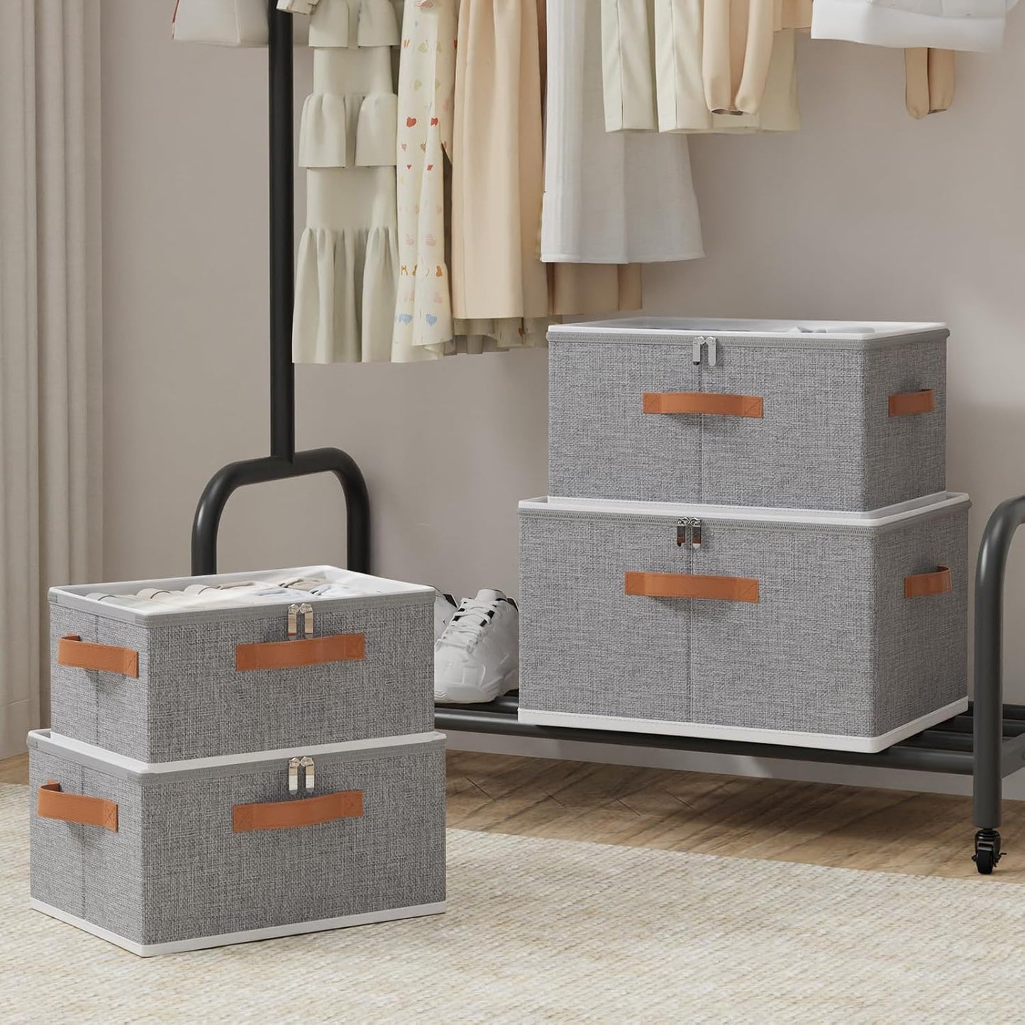 OUTBROS Fabric Storage Bins with Lid, Wardrobe Organiser with Handle and Zipper, Used for storing clothes, blankets, pillows, Foldable Bags, 15 x 10.2 x 5.9 inch, 2-Pack