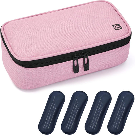 ALLCAMP Insulin Cooler Travel Case Diabetic Medication Cooler with 4 Ice Pack - Medical Cooler Bag Portable and Reusable(Pink)