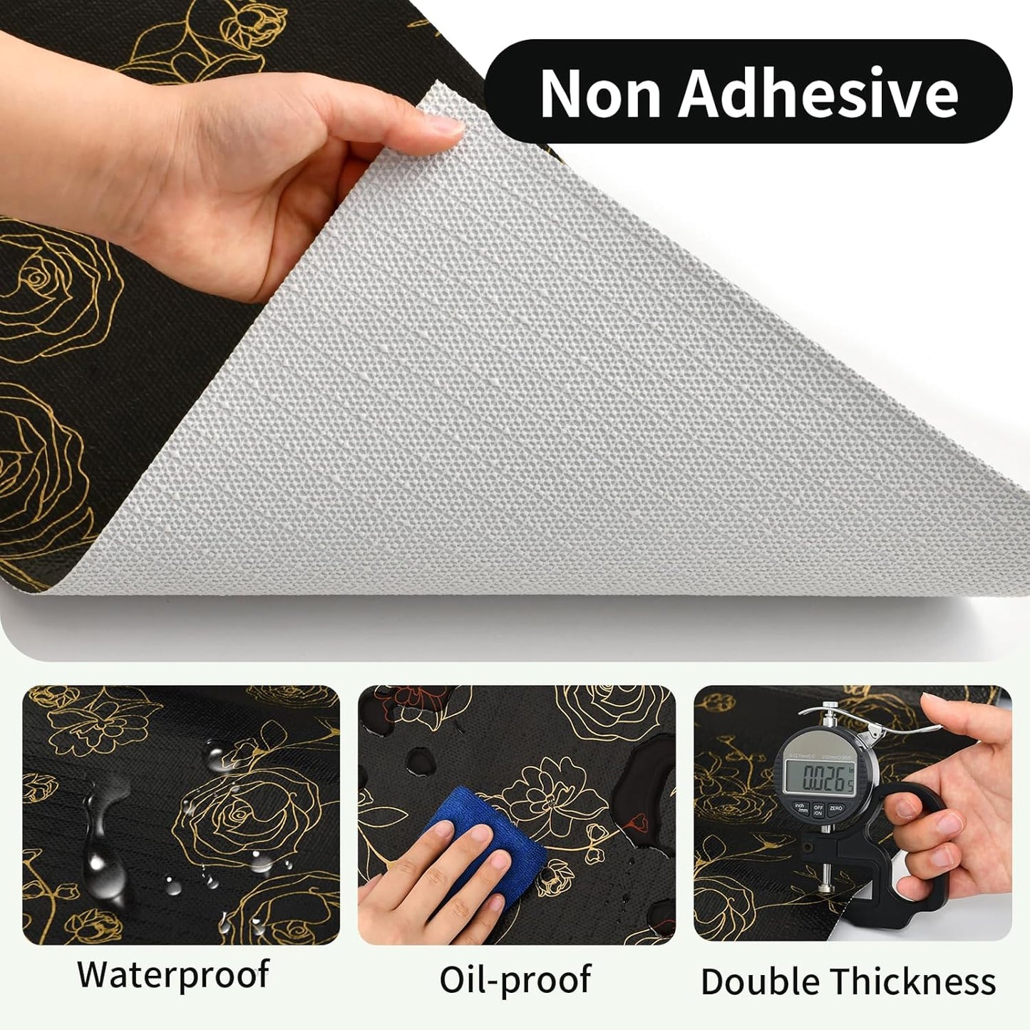 Shelf Liners for Kitchen Cabinets 17.5in x 30FT Non Adhesive Drawer Liner Black Floral Thickened Shelf Liner Paper Strong Non-Slip Easy to Clean for Tool Box Refrigerator with Knife and Tape Measure