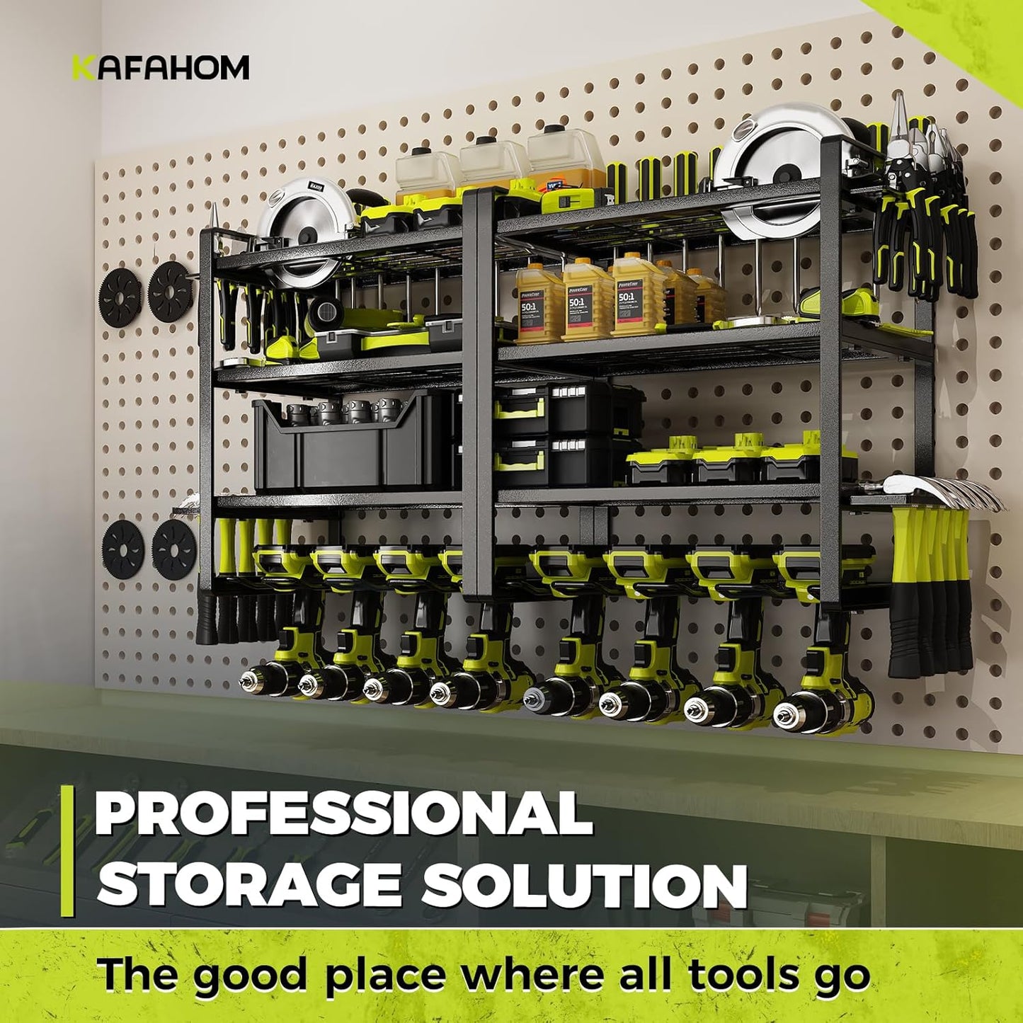 KAFAHOM Power Tool Organizer Wall Mount, 4-Tier Drill Holder for Cordless Tools, 2-Pack Set, Garage Storage Rack with Side Hooks for Hammers & Pliers, Tool Organizer for Workshop/Utility Room