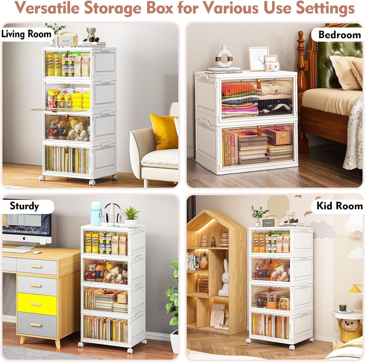 CTSNSLH 4 Tier Plastic Storage Bins and Boxes Organizer - 27Qt Stackable with Lids for Bedroom, Living Room, Office - Foldable Containers