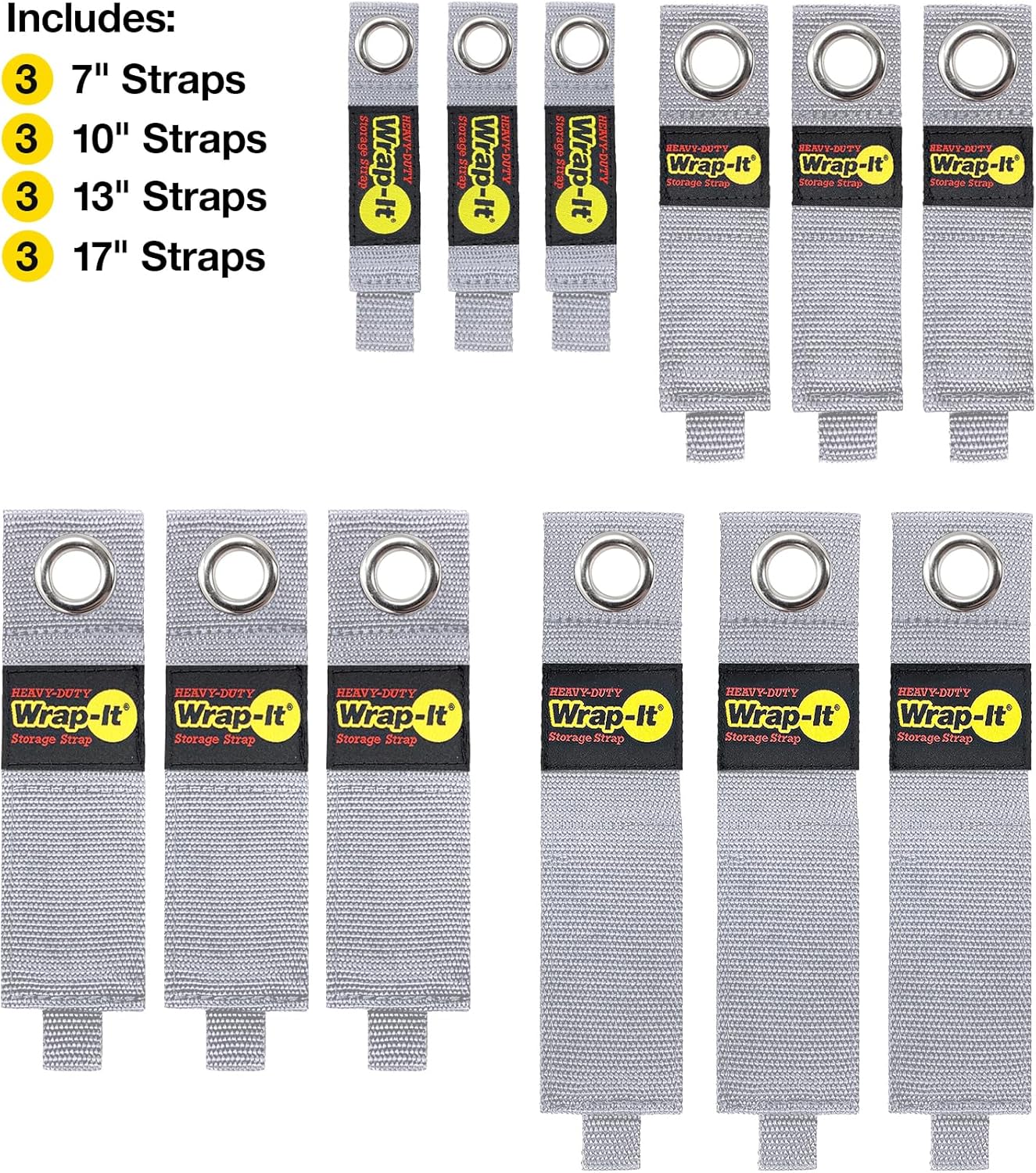 Wrap-It Storage Heavy-Duty Straps - (Assorted 12 Pack) Silver - Hook and Loop Hanging Extension Cord Organizer for Cable Management and Storage on Garage Wall, RV Gadgets and Appliances