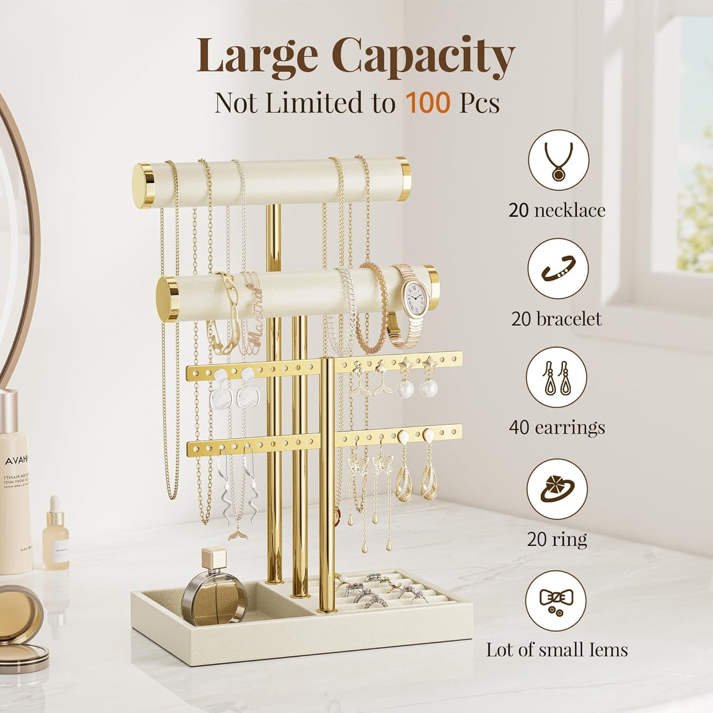 3 Tier Bracelet Holder Display - Beige Leather Bracelet Holder, Detachable T Bar Jewelry Holder Organizer for Bracelet, Necklace, Earrings, Rings, Watches, Bangle