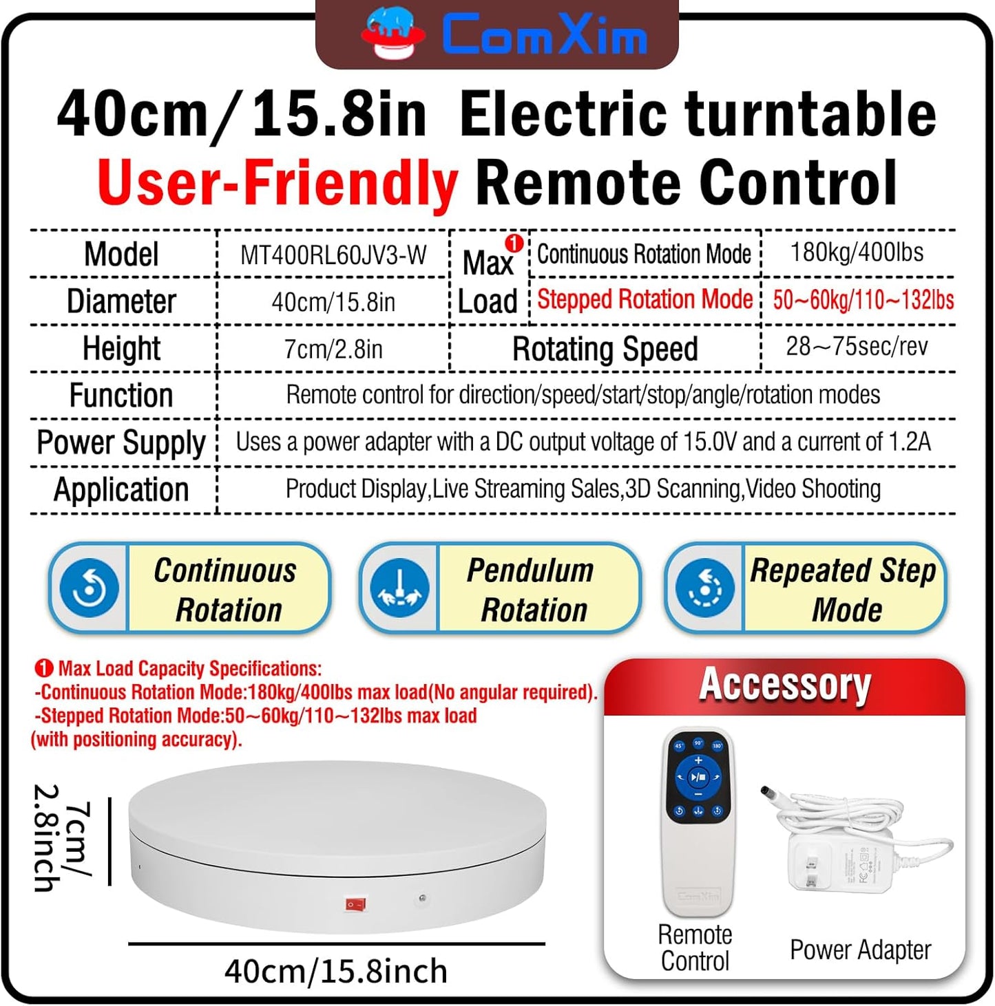 15.8In Remote Motorized Electric Turntable Rotating Display Stand Rotating Platform Photography Turntable motorized lazy susan base giratoria para for Photography,3D Scanner,(Load Range:132~400lbs)