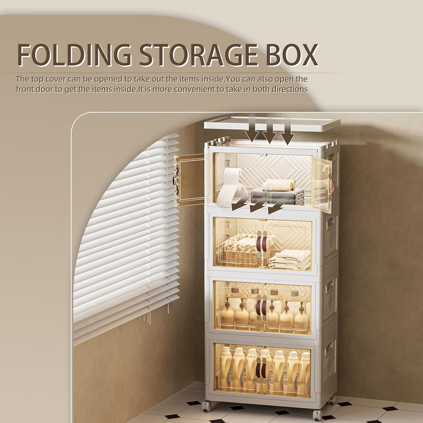 144 QT / 36 Gal Stackable Storage Bins (1 Lid) w/Wheels & Magnetic Doors, Collapsible Plastic Organizer Cabinet for Closet Office Garage - White Storage Containers