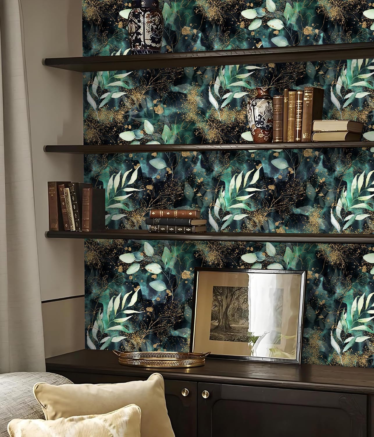 HAOKHOME Self Adhesive Shelf Liner and Drawer Liner Black Floral, Peel and Stick Cabinet Liners, Kitchen Cabinets and Cupboard, Bathroom Drawers, Black/Green/Matte Gold 17.3in x 6.5ft