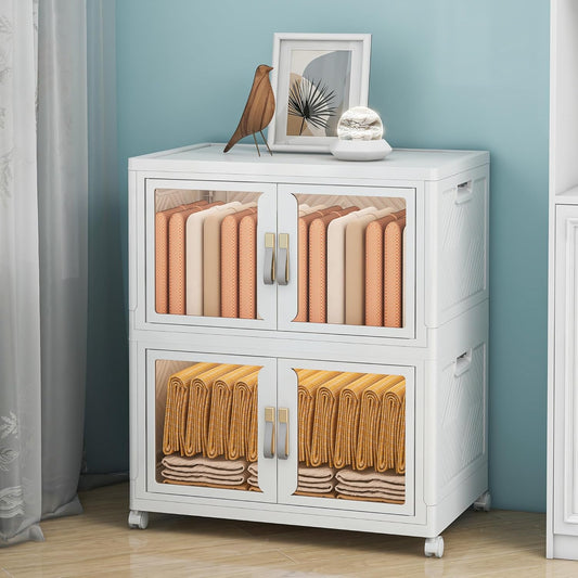 Large Clear Stackable Storage Bins with Lids, Foldable Storage Cabinet for Closet Organizers and Storage, Plastic Storage Box with Wheels 199 QT