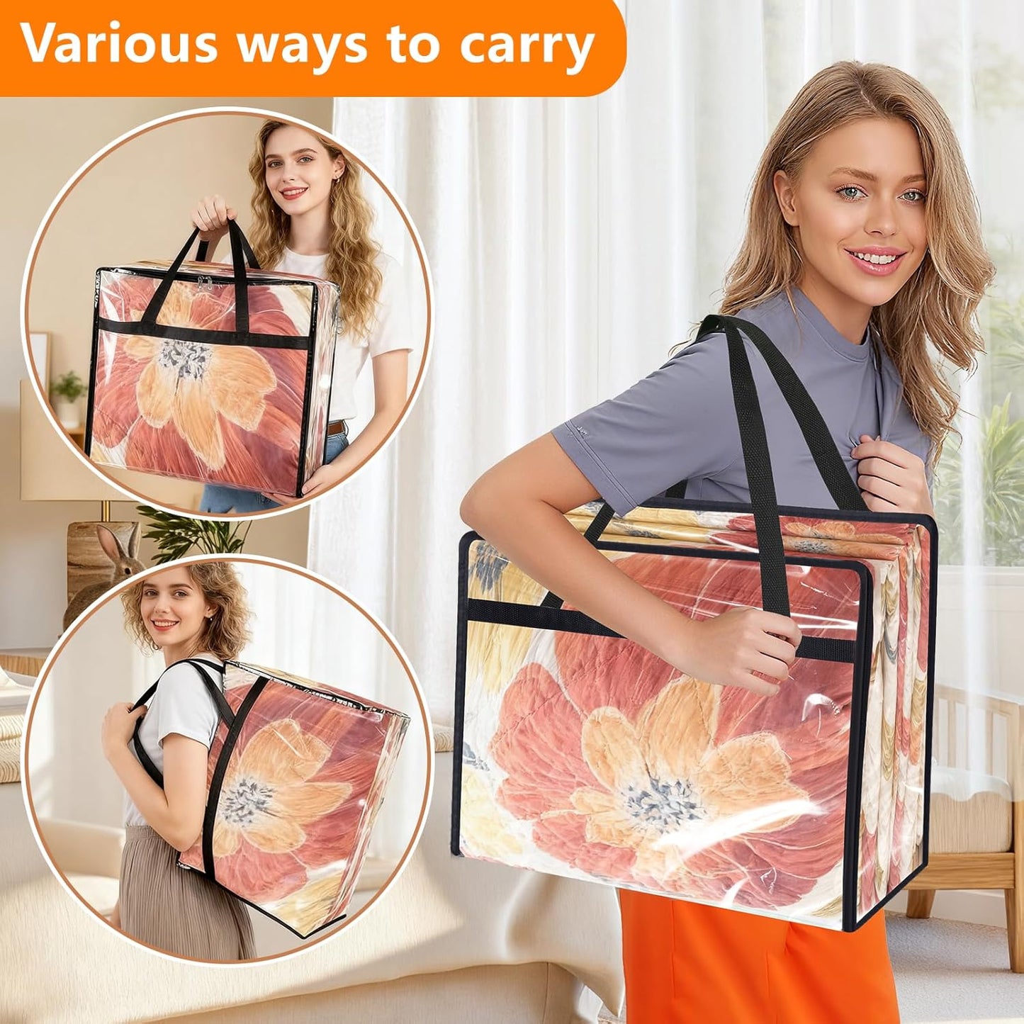 4 Pack Clear Clothes Storage Bags, Vinyl Blanket Storage Bag with Heavy-Duty Zipper, Foldable Moving Bags, Closet Organizers for Bedding, Comforter, Linens, Sweaters, Pillows, Toys (40L)