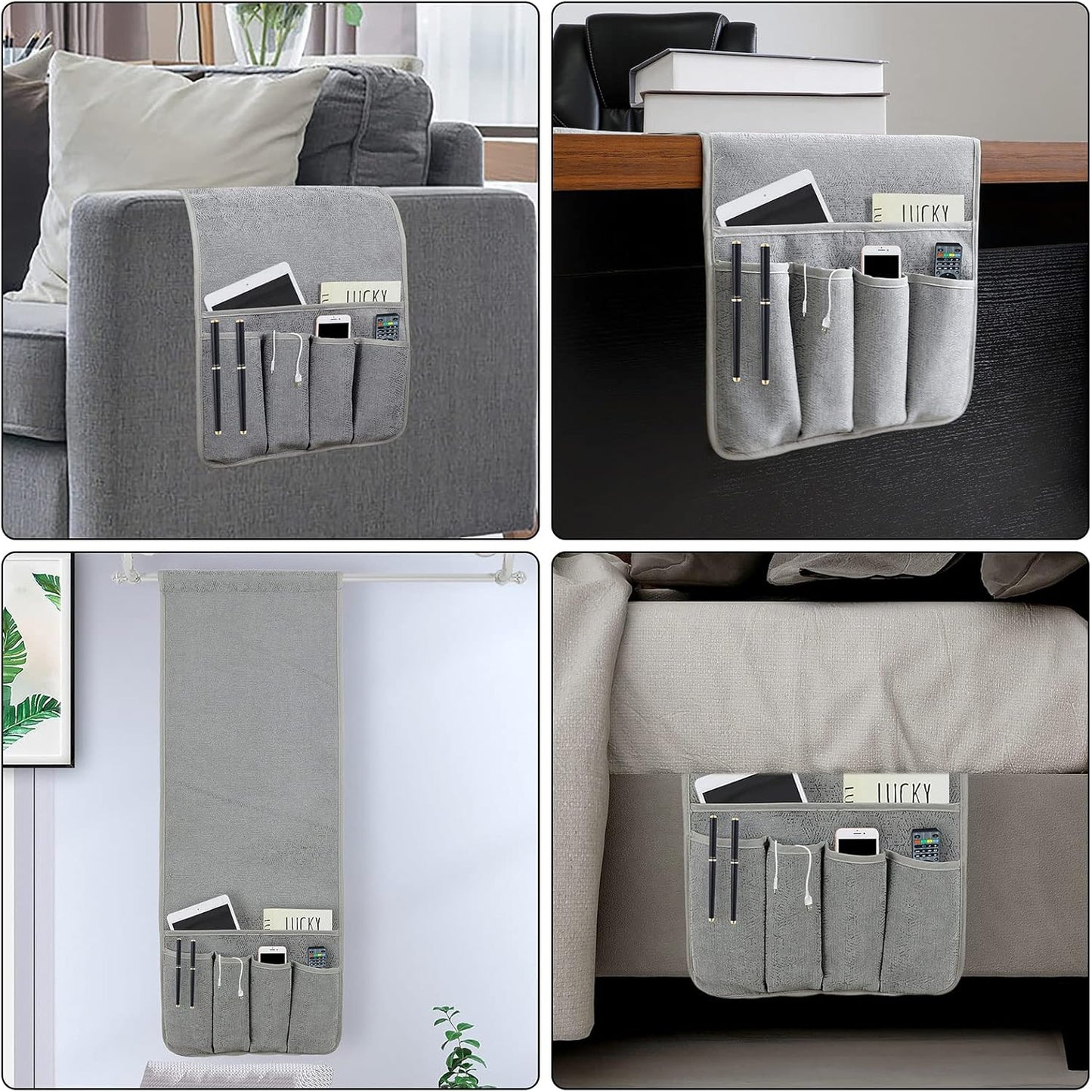 NB Sofa Armrest Organize remote holder bedside caddy organizer with 5 pockets，non-slip couch remote control holder couch armchair caddy accessories (Gray, 35"x12.4")