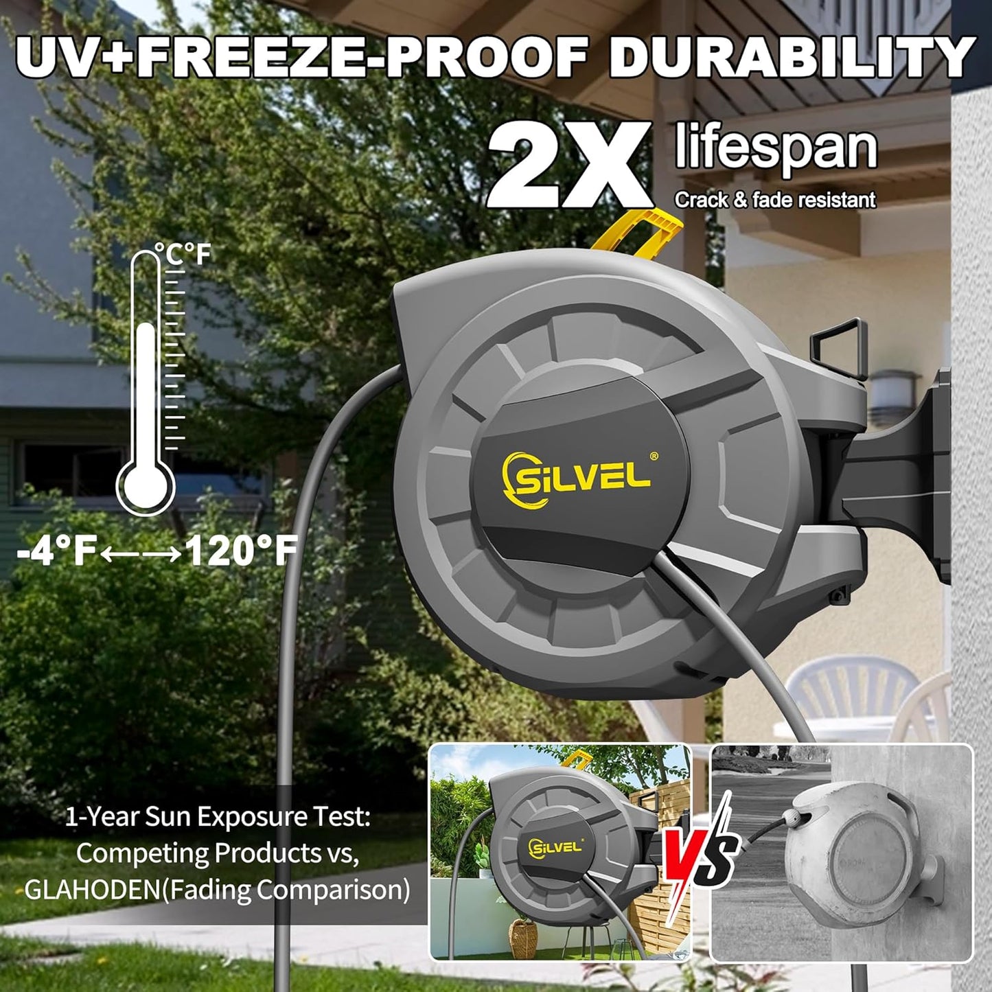 SILVEL 1/2 in x 110 FT Retractable Garden Hose Reel, UV Resistant Heavy Duty Automatic Hose Reel Wall Mount with 10 Pattern Nozzle, Any Length Lock & Slow Return System, 180°Swivel Bracket, Yellow