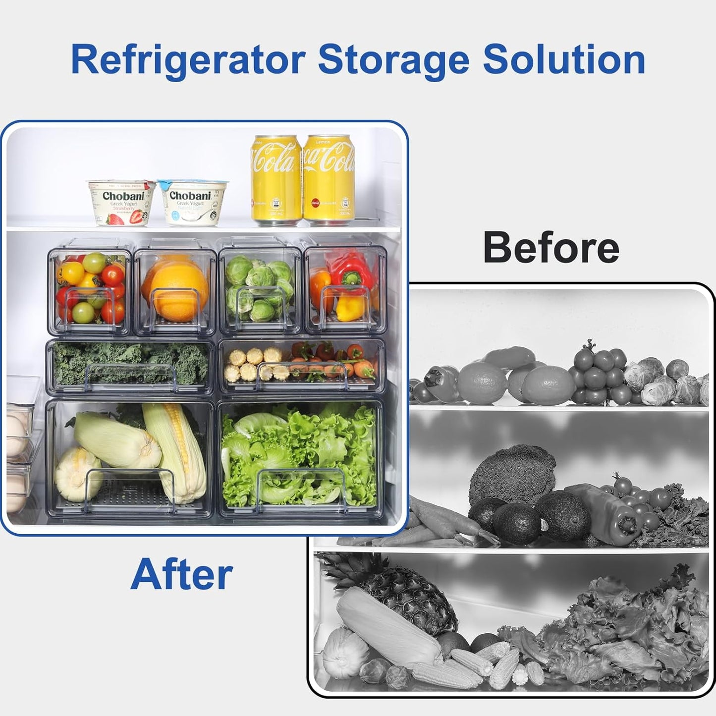 Plastic Clear Fridge Storage Organizer with Drawers & Drainer - Stackable Bins for Kitchen Fruit & Veggie Organization (2PCS, Large)