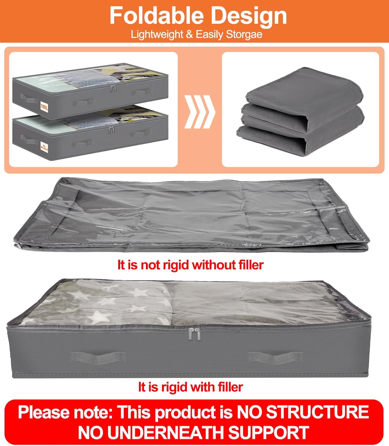punemi Under Bed Storage Containers, 4 Pack Large Soft Foldable Storage Bags with Clear Top for Blankets, Comforters, Sheets, Wrapping Paper, Water-Resistant Inner Layer, 20x40x7.5 in, Gray