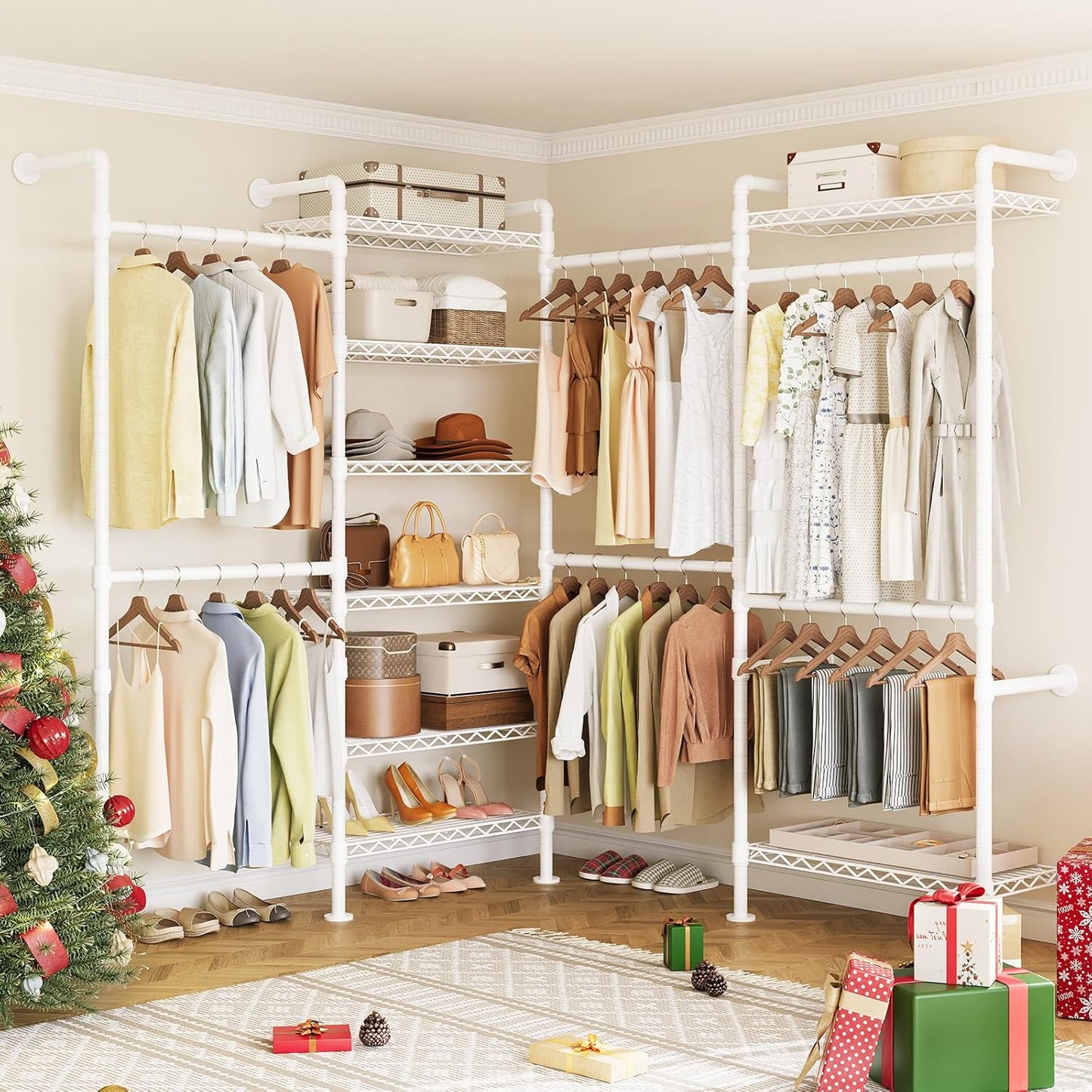 ONBRILL L4 Wall Mounted Industrial Pipe Clothing Rack, Closet Organizer System with 6 Hanging Clothes Rods ( 4 Expandable Rods) & 8 Shelves, Heavy Duty Corner Garment Rack, Large Wardrobe - White