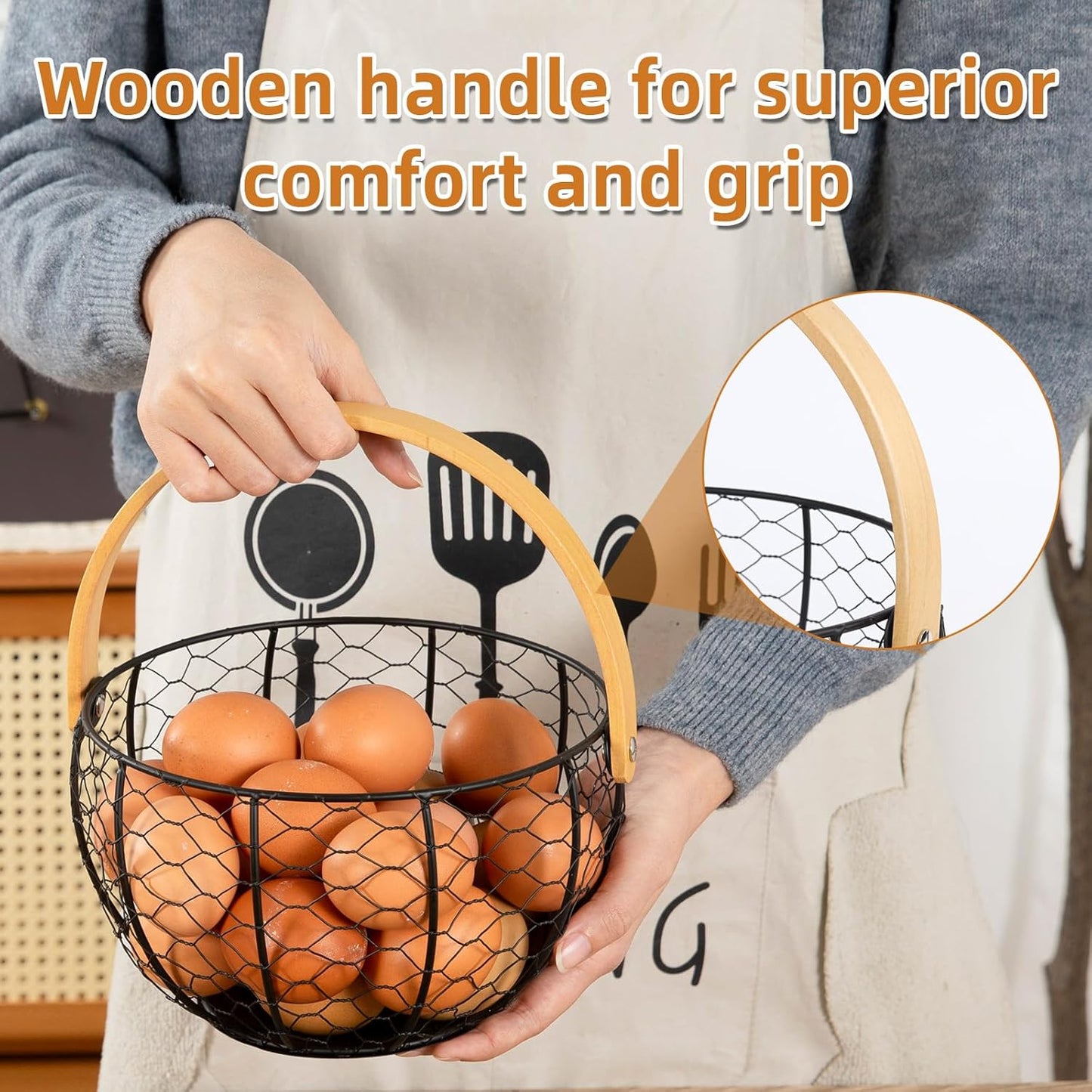 Farmhouse Wire Egg Basket for Gathering Fresh Eggs with Wooden Handle, Vintage Style Metal Egg Collecting Basket Countertop Storage Container Holder for Kitchen Decor and Fruit Bin (Black)