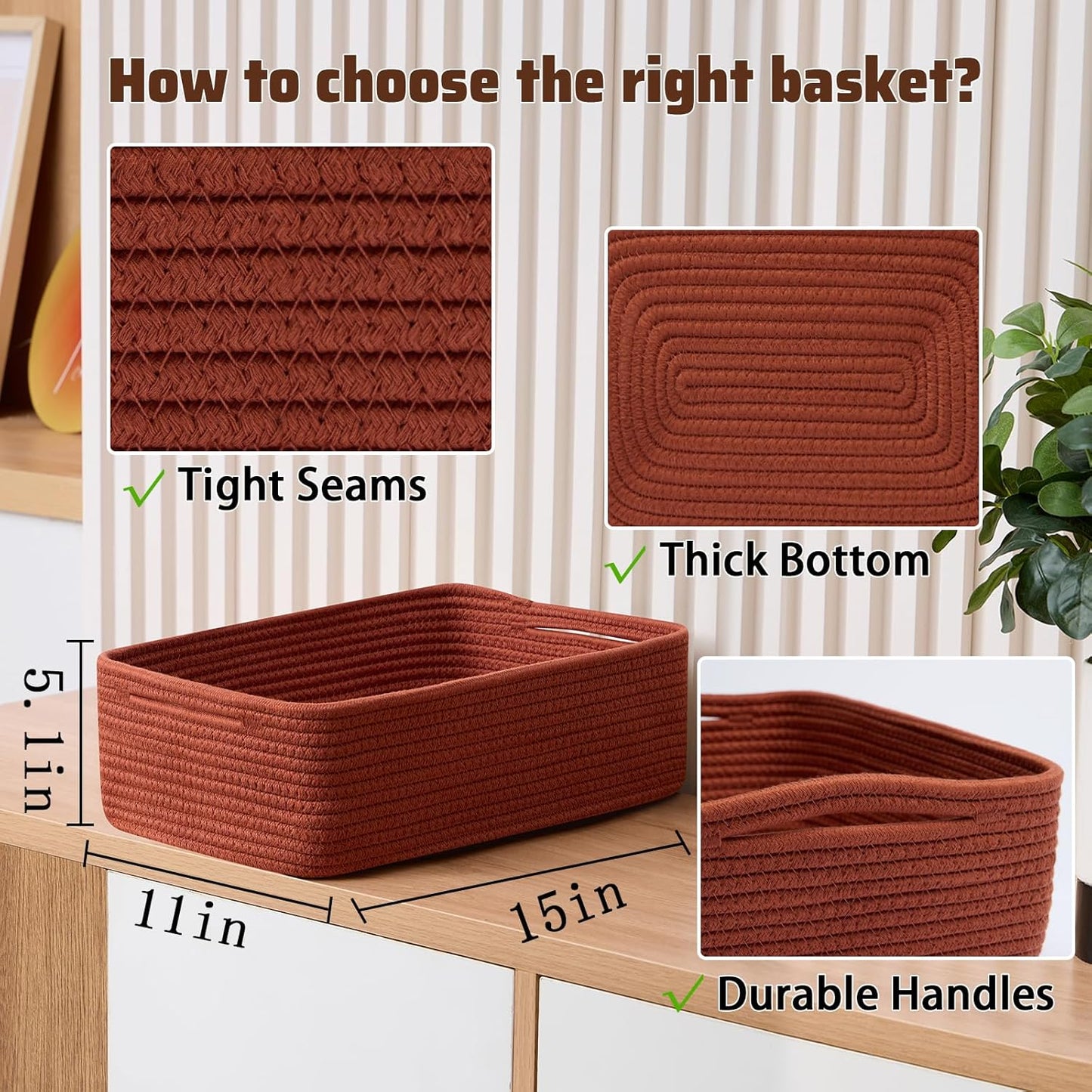 Large Shallow Organizing Baskets 15x11x5.1 Inches - Rope Woven Storage Bins for Bathroom, Shelves, Cube Closet, Red 4 Packs