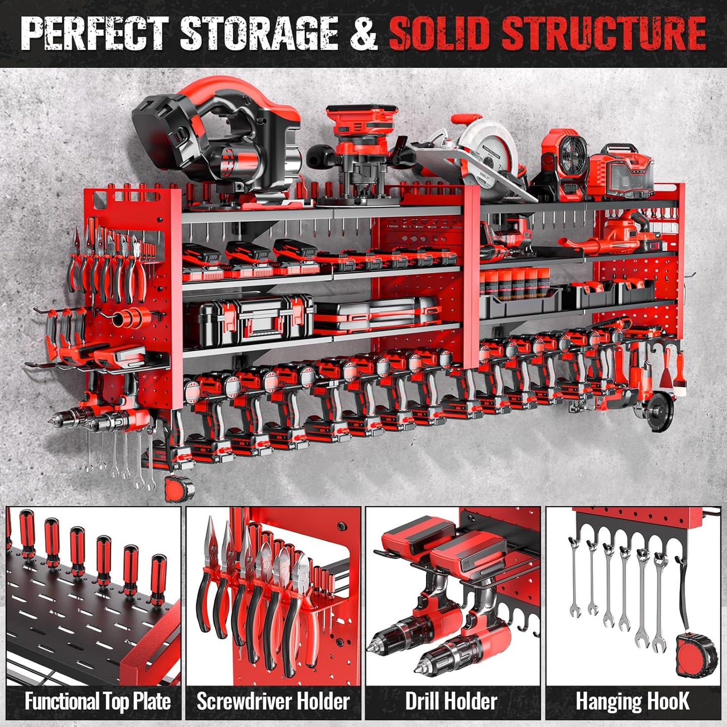 66" W Super Large Power Tool Organizer Wall Mount,Heavy Duty Cordless Tool Organizer with 18 Drill Holder,600 Lbs Capacity 4-Layer Garage Organization for Garage and Workshop (Red)