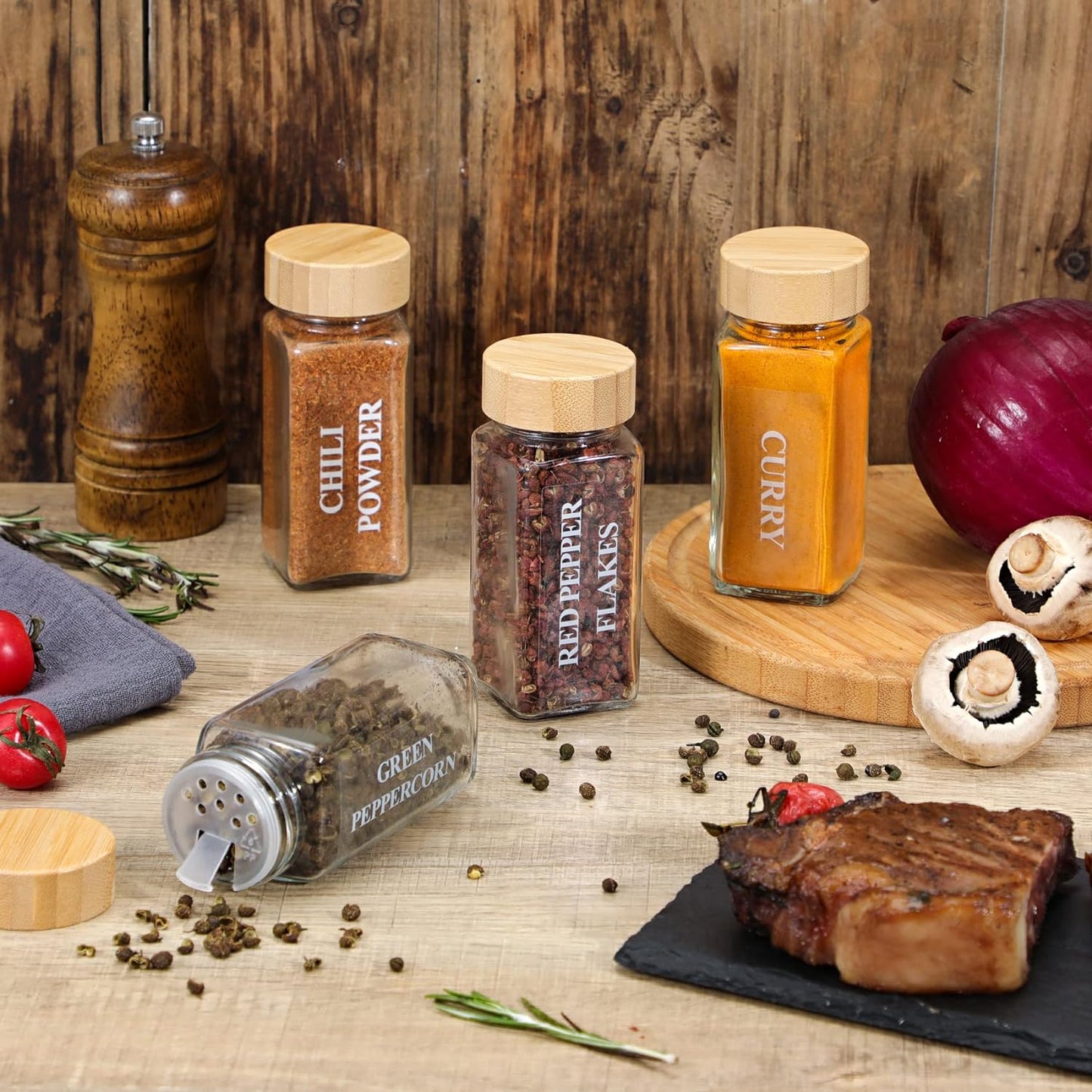 NETANY 36 Pcs Glass Spice Jars with Bamboo Lids, 4 oz Glass Jars with Minimalist Farmhouse Spice Labels Stickers, Collapsible Funnel, Seasoning Storage Bottles for Spice Rack, Cabinet, Drawer