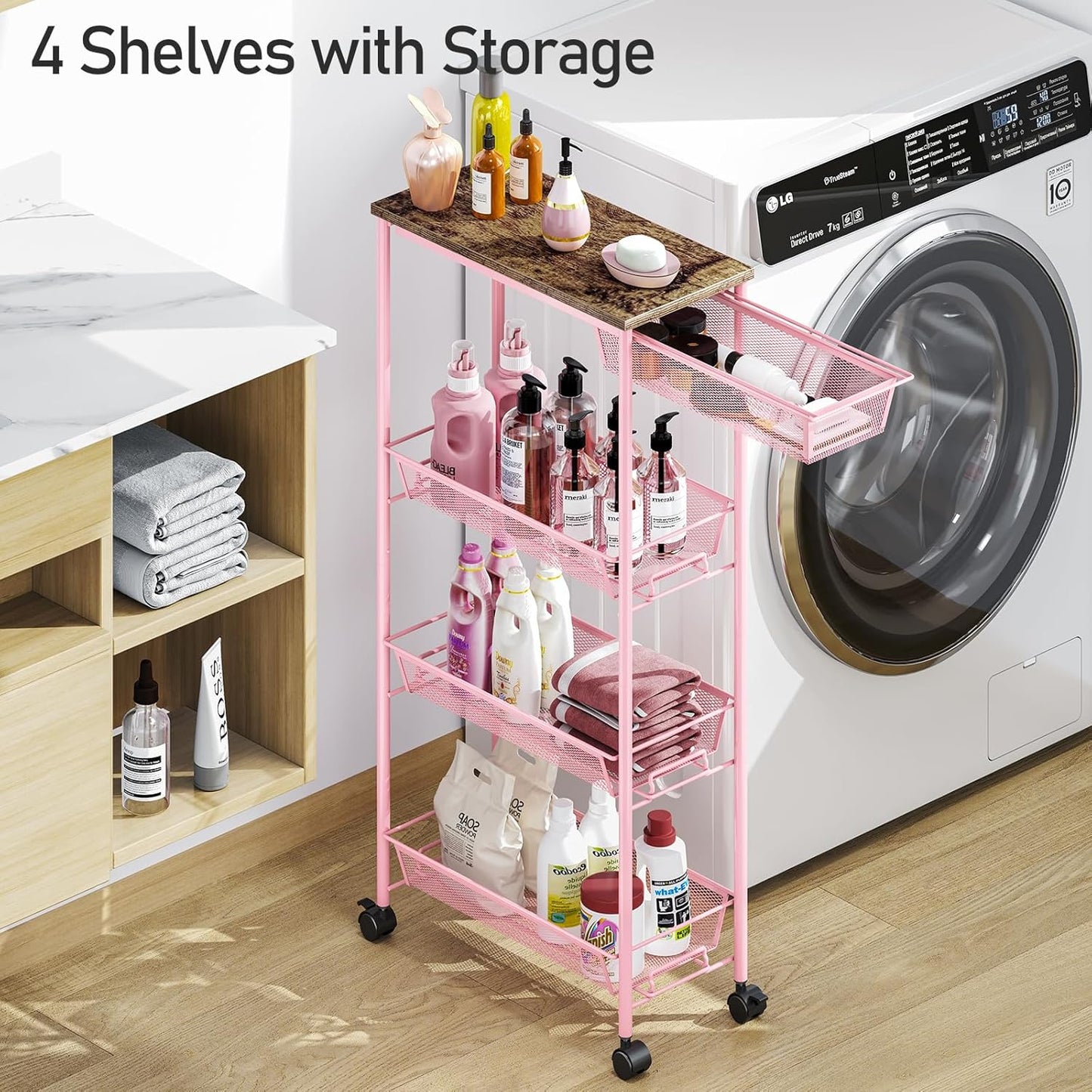 KINGRACK 4-Tier Slim Storage Cart, Metal Rolling Cart, Organizer with Wooden Tabletop and Drawer Basket, Mobile Shelving Unit for Kitchen, Bathroom, Laundry Room, Pink
