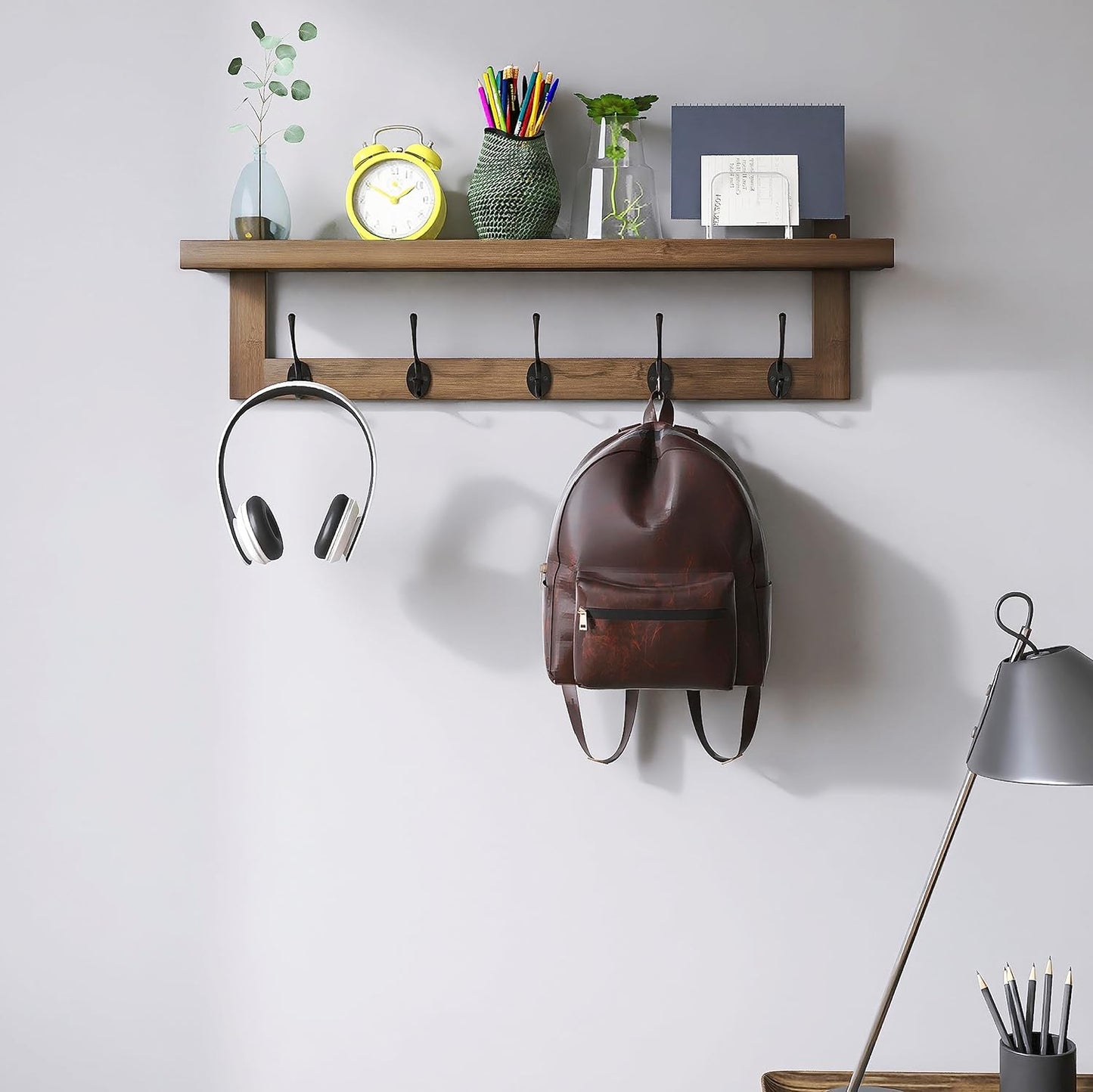 SMIBUY Coat Hooks with Shelf Wall-Mounted, 29.2 Inch Entryway Coat Rack for Wall, Bamboo Hanging Shelf with 5 Double Metal Hooks for Bathroom, Bedroom, Kitchen, Living Room, Mudroom (Walnut)