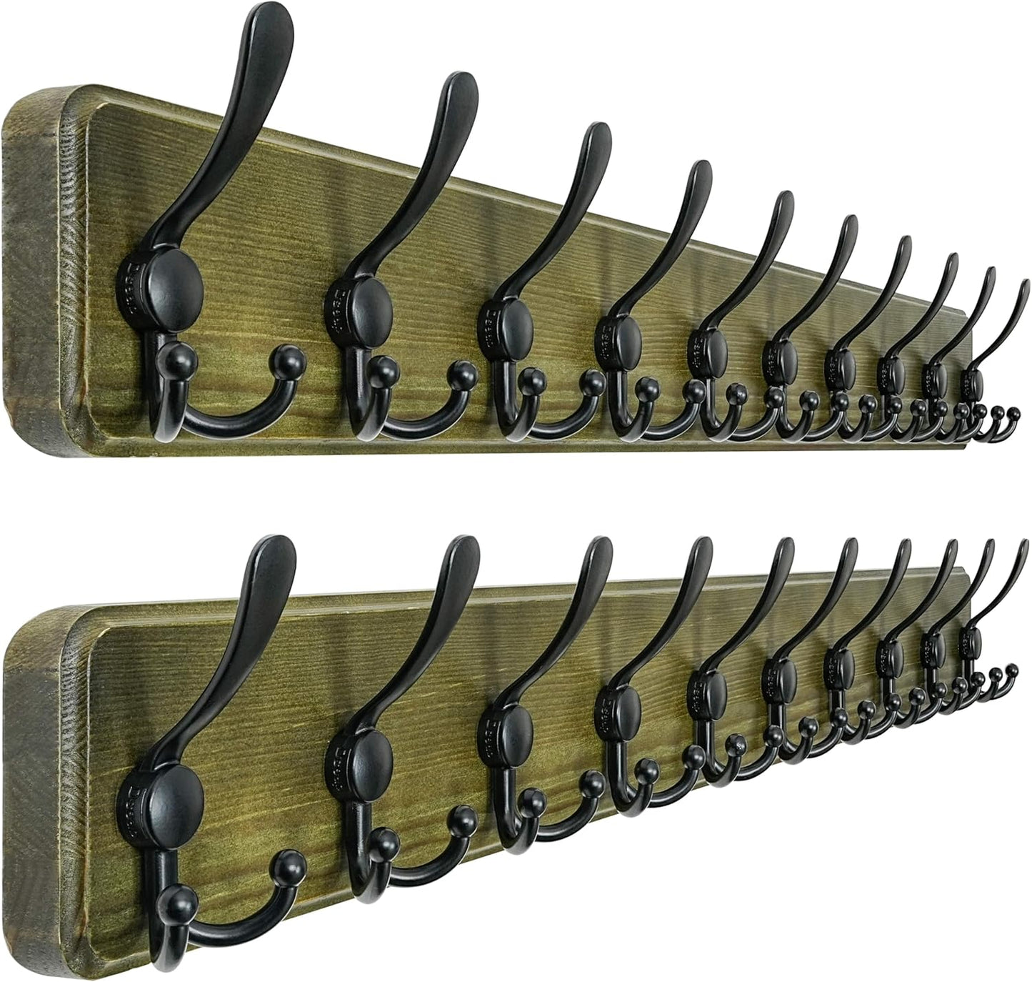 Dseap Coat Rack Wall - Heavy-Duty 38-1/4" Long, with Reinforced 10 Custom Tri-Hooks, Solid Wood Wall Hanger for Coats Hat Jackets - Rustic Farmhouse Entryway Storage,Weathered Green & Black,Pack of 2