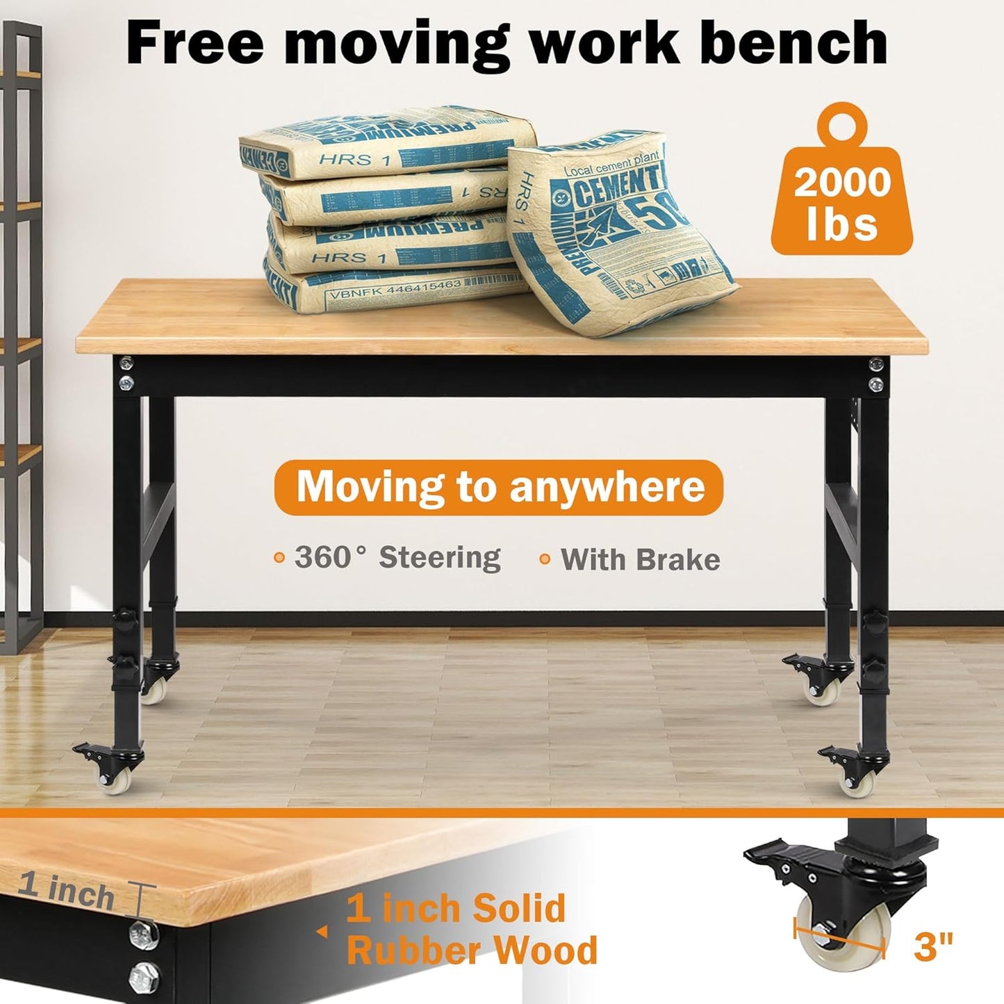 Betterhood 60" Adjustable Workbench on Wheels, Rubber Wood Heavy Duty Workstation with Power Outlets & Pegboard, 2000LBS Load Capacity Hardwood Worktable for Workshop, Garage, Office, Home, Commercial