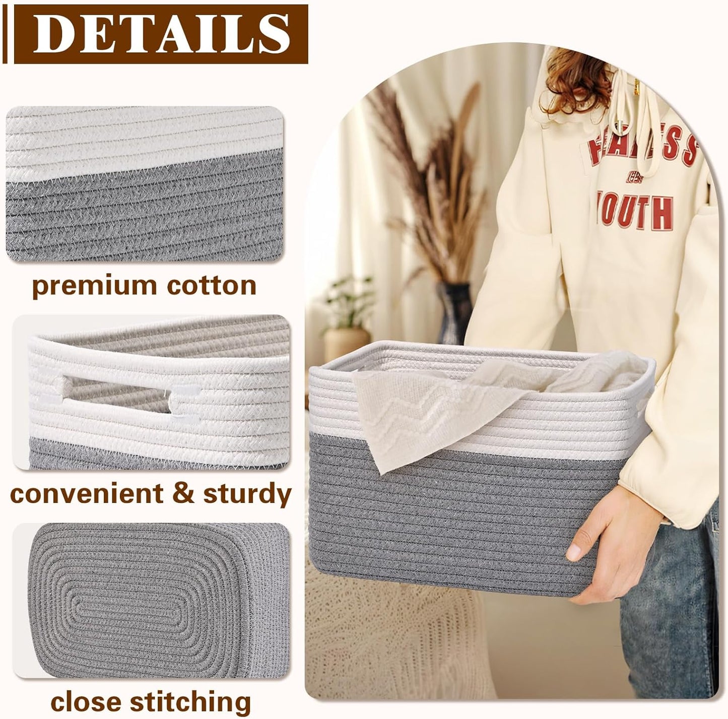 Storage Baskets for Organizing, 4 Pack Storage Baskets for Shelves, Woven Basket for Shelves, Closet Organization, Rectangle Organizer Basket Gifts Empty, 13"Lx8.7"Wx7.9"H Decorative Bins with Handles