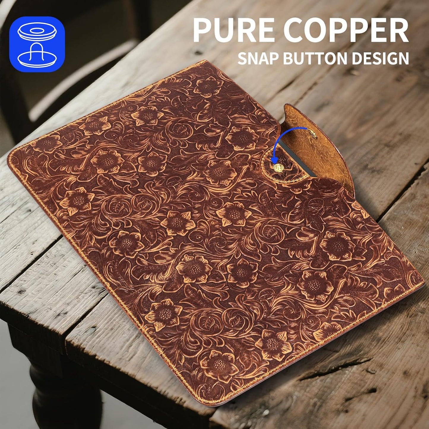 Genuine Leather Laptop Sleeve,Compatible with MacBook Pro 13 Inch M2 M1(2025-2016)＆MacBook Air 13 Inch M4 M3 M2 M1(2025-2018),Vintage Protective Computer Case with Floral Pattern,Brown