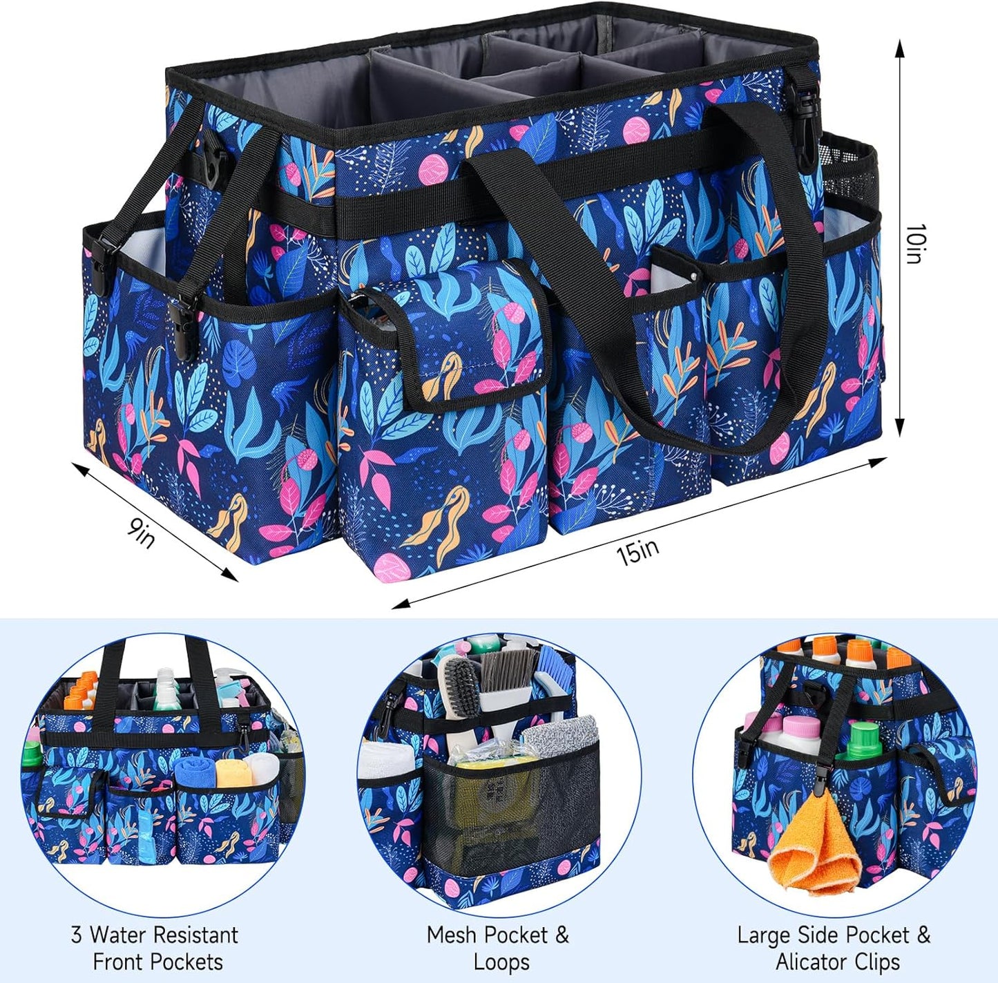 Cleaning Organizer, Large Caddy Bag for Supplies, Housekeeper's Bag with Handle (Blue Leaf)