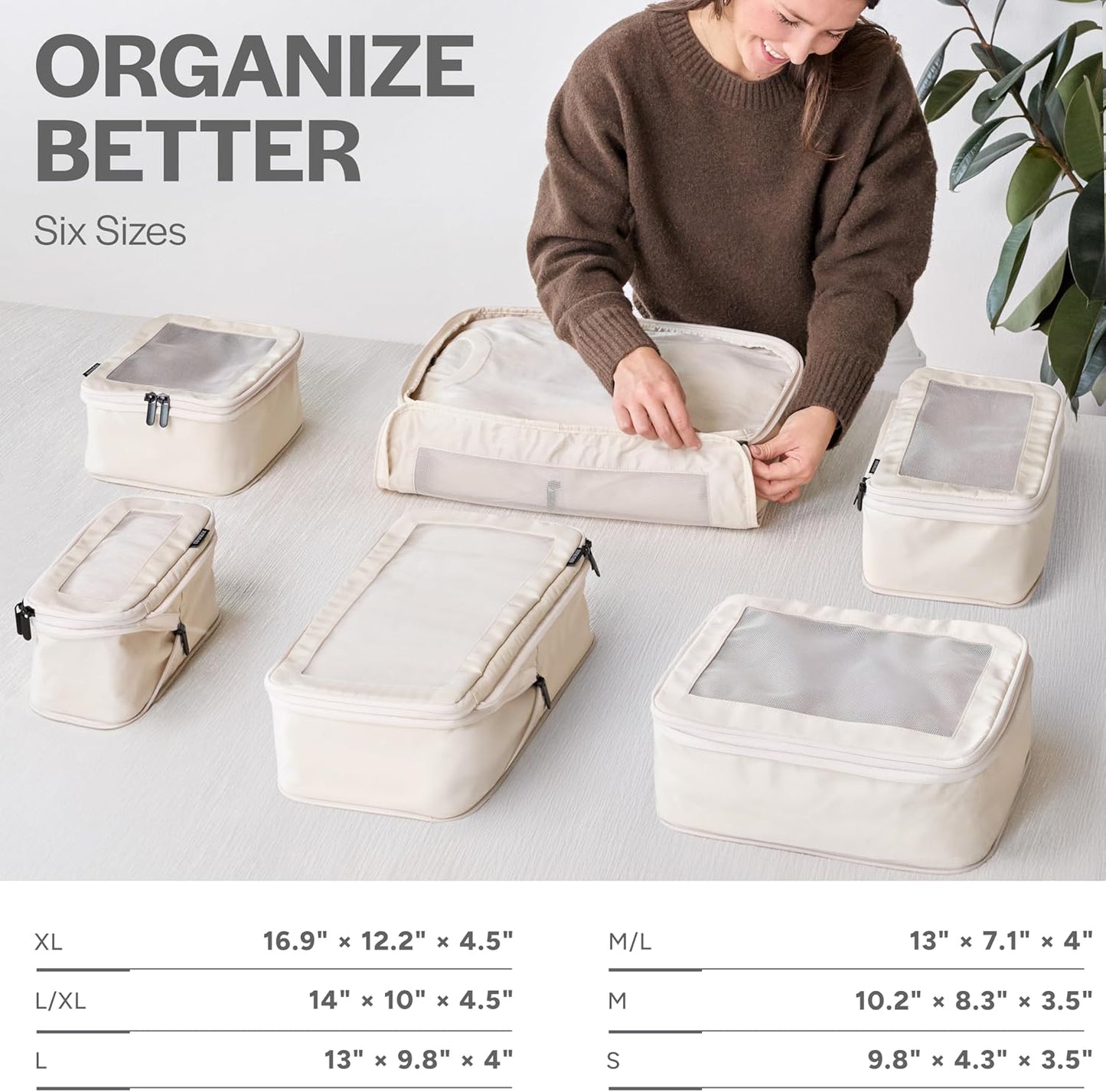 Aerotrunk Compression Packing Cubes for Travel - Luggage Organizer Bags - Double Zipper Packing Cubes for Suitcases (6-Pack, Beige)