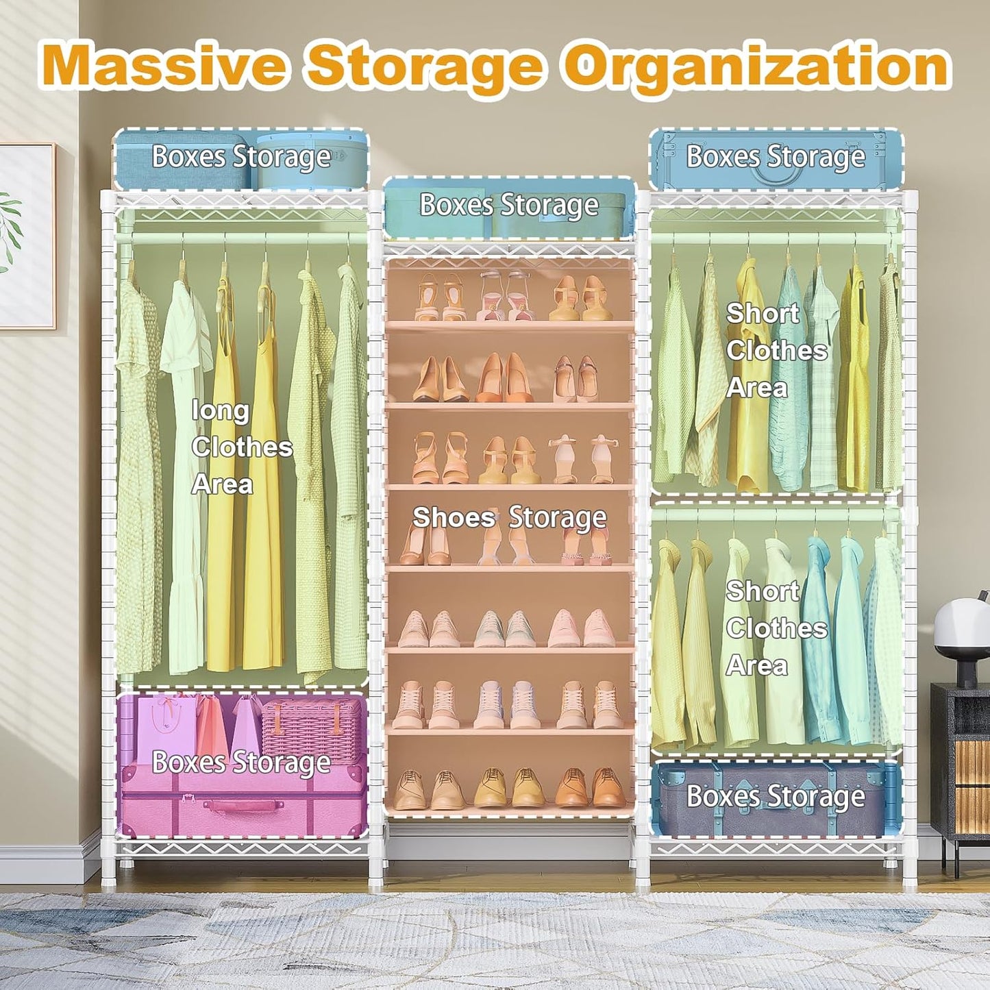 E16 Heavy Duty Clothing Rack（With 7-Tier Adjustable Shoe Rack） Freestanding Clothes Rack for Hanging Clothes，Metal Closet Storage Organizer Large Wardrobe，69'' W x 15.8'' D x 76.2'' H，White