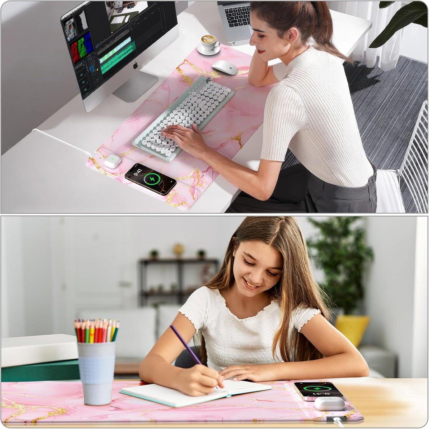 Wireless Charging Mouse Pad, 31.5"x15.8" Large Gaming Desk Mat for Keyboard/Laptop, Waterproof Ultra-Smooth Surface, Non-Slip Base, with 20W PD Adapter, Pink Marble
