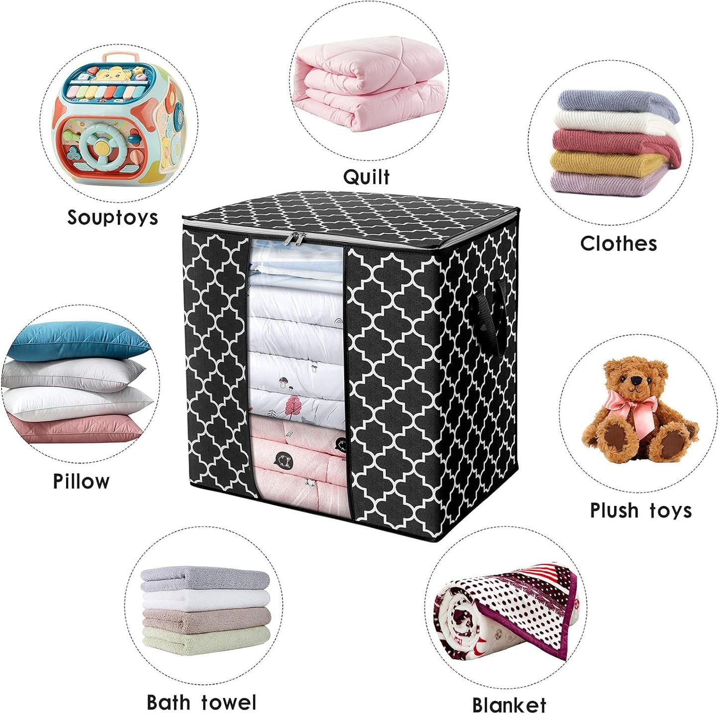 WISELIFE Storage Bags 4 Pack/100L Large Blanket Clothes Organization and Storage Containers for Comforters,Bedding, Foldable Organizer with Reinforced Handle, Clear Window, Sturdy Zippers,Black