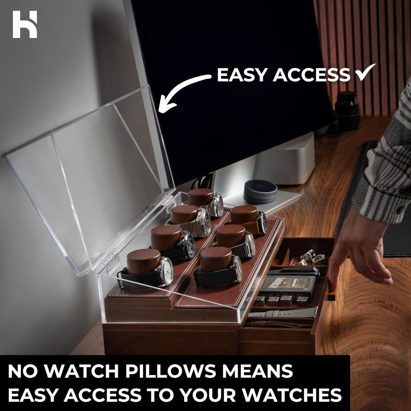 Premium 7 Slot Watch Box for Men - Large Wooden Watch Display Case with Hinged Cover, Leather Lining & Drawer - Watch Holder Organizer Stand - Handcrafted Luxury Christmas Gift for Men