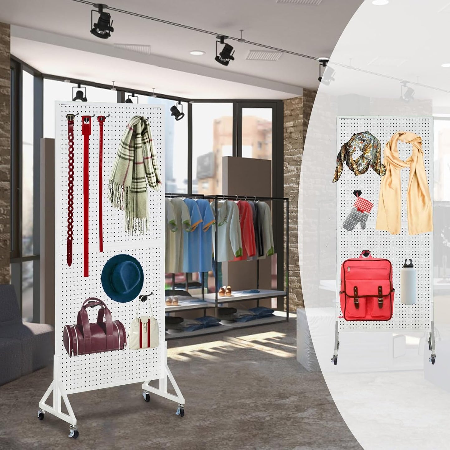 Eastern Tree 2.5'x 6' Metal Pegboard Display Stand with T-Base, Peg Board Panels Display with Casters, Standing Pegboard Display, Retail Display Stand, Extra 10 Pieces Hooks, White