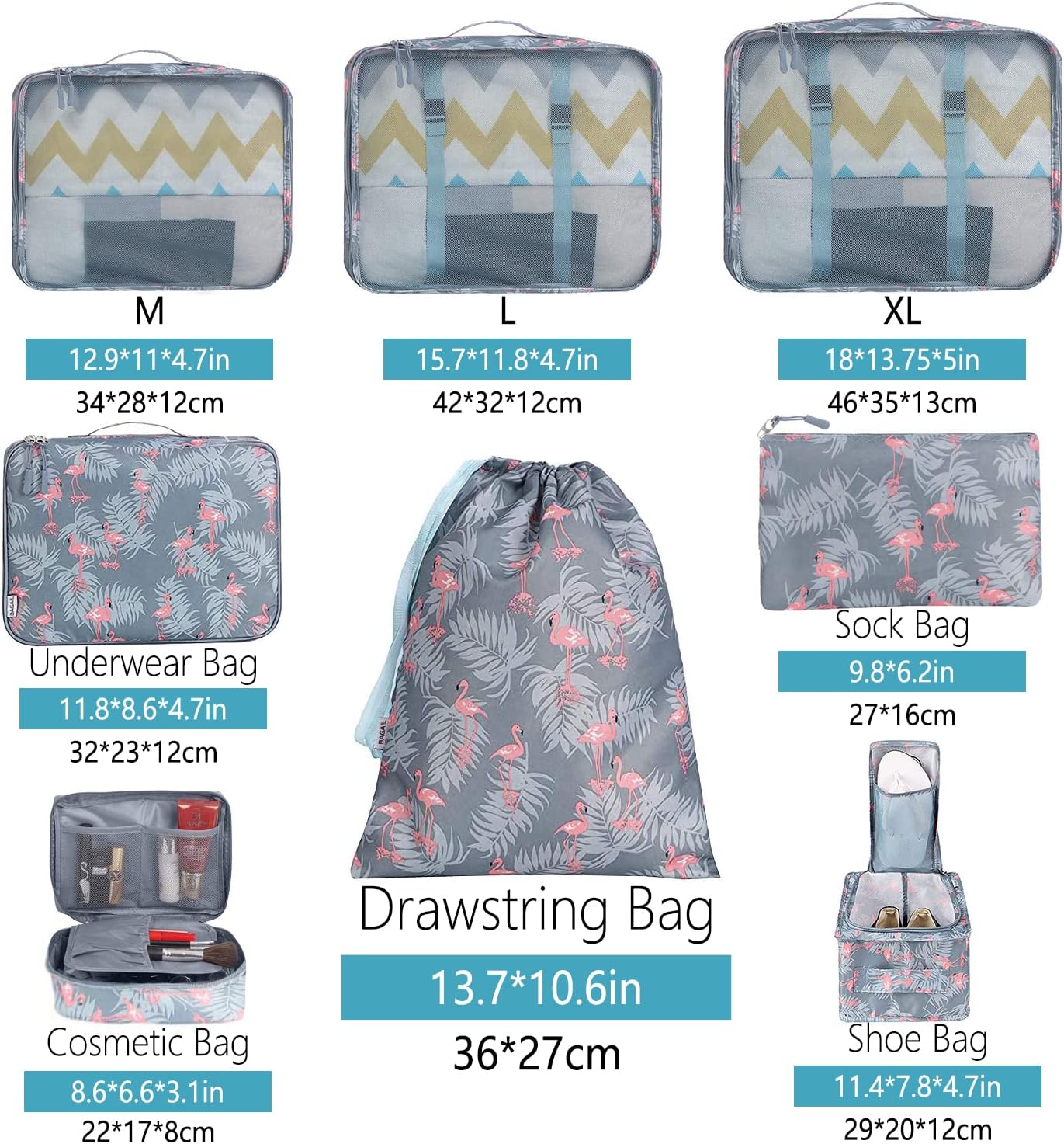 BAGAIL 8 Set Packing Cubes Luggage Packing Organizers for Travel Accessories-Red Flamingo