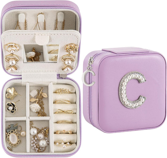 Travel Jewelry Case, Small Jewelry Box Organizer with Personalized Initials, Gifts for Girl Women, Wife Girlfriend Daughter Niece, Bridesmaid Gifts, Birthday