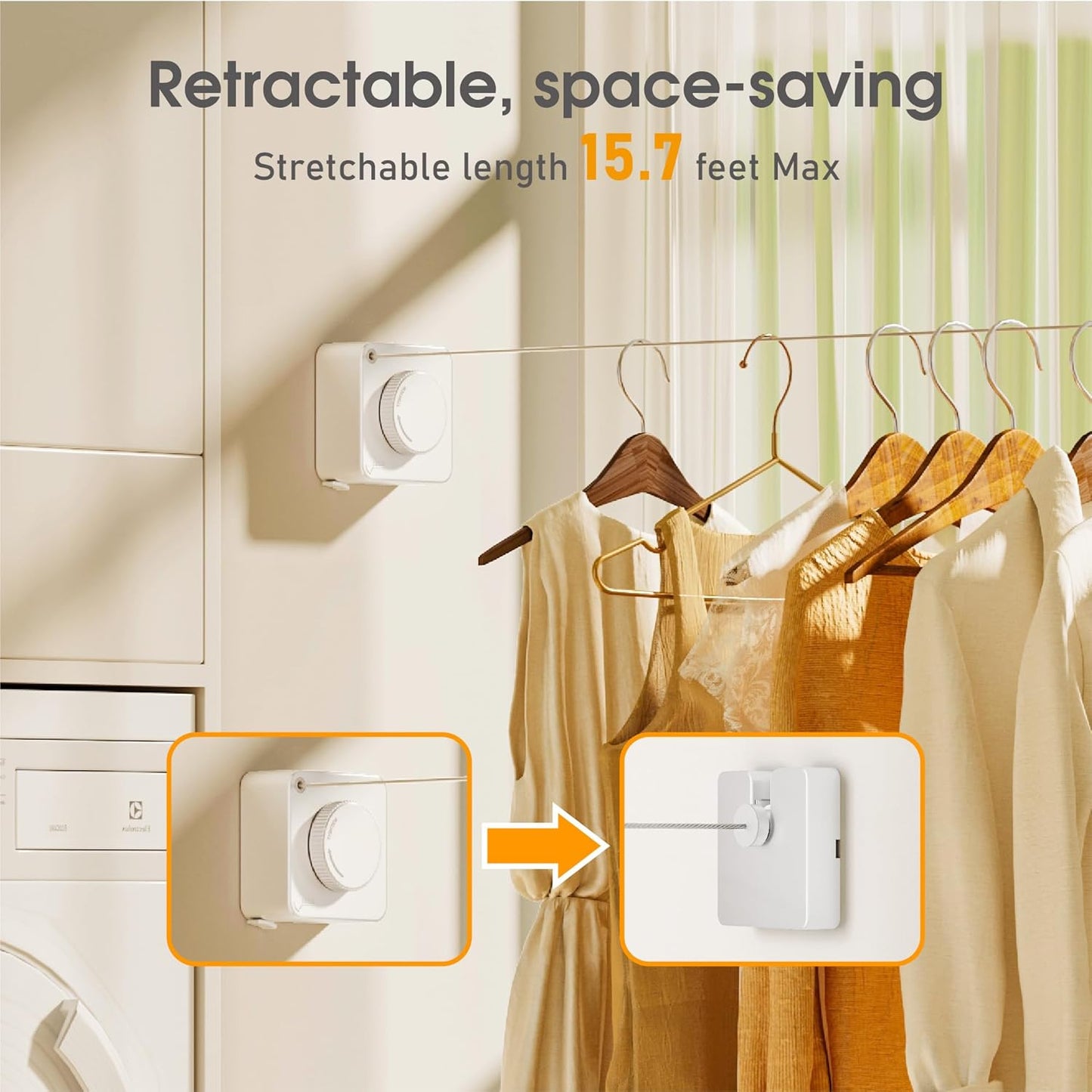 Retractable Heavy Duty Clothesline - Wall Mounted Indoor and Outdoor Laundry Drying Solution, 15.7ft Anti-Sagging Stainless Steel Rope (White)