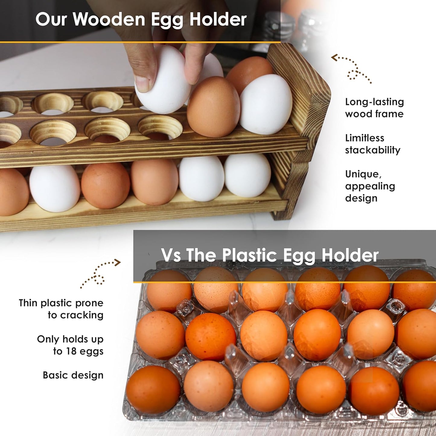 Expandable Stackable Wooden Egg Holder Countertop for 24 Eggs, Rustic Kitchen Decoration, Two-Piece Compact Egg Rack for Counter - Chicken Decor - Gui's Chicken Coop (Double Rack)