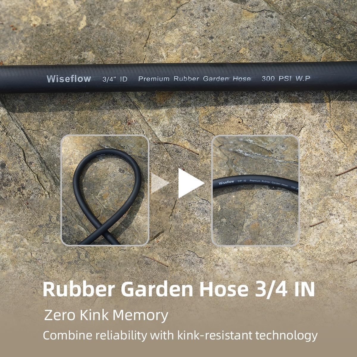 WiseFlow Garden Hose 90FT x 3/4", Heavy Duty Rubber Hose, Water Hose with Five Layered Braiding, Male Female Fittings, 1000PSI Burst, 300PSI Working (Black)