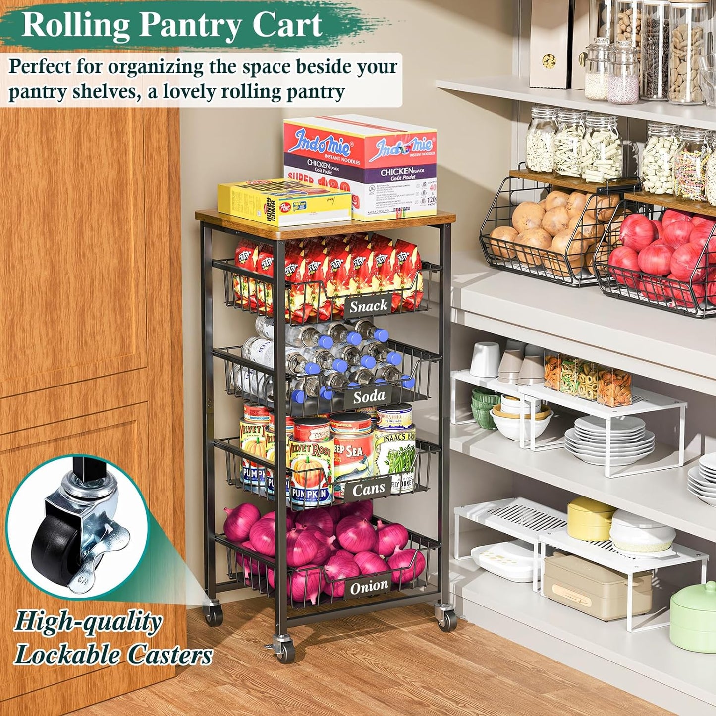 Fruit Basket, 5-Tier Utility Kitchen Organizer and Storage Cart with Pull-Out Baskets and Wood Top, Rolling Pantry Kitchen Cart on Wheels for Fruit Potato Onion Vegetable Snack Produce