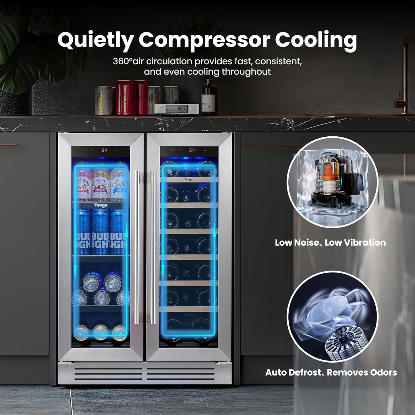 Yeego Wine & Beverage Refrigerator, 24 Inch 60 Cans and 20 Bottles Dual Zone Wine Cooler with Glass Door, 36-72°F Drink Cooler for Built-in or Freestanding, For Kitchen,Bar or Office