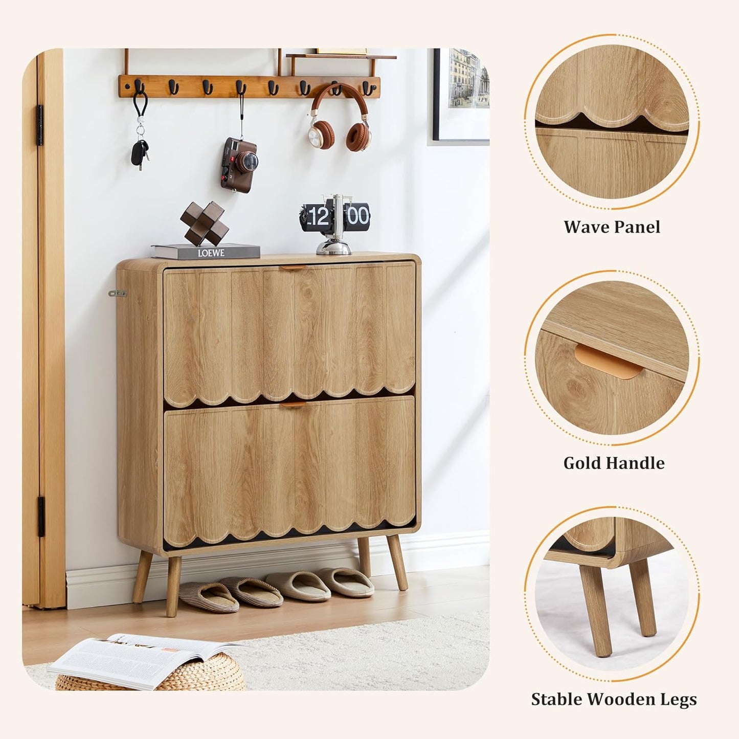 ORRD Shoe Storage Cabinet for Entryway with 2 Flip Drawers Set of 2, Freestanding Narrow Wood Shoe Cabinet with Wave Panel, Hidden Shoe Organizer for Foyer, Hallway (Natural)
