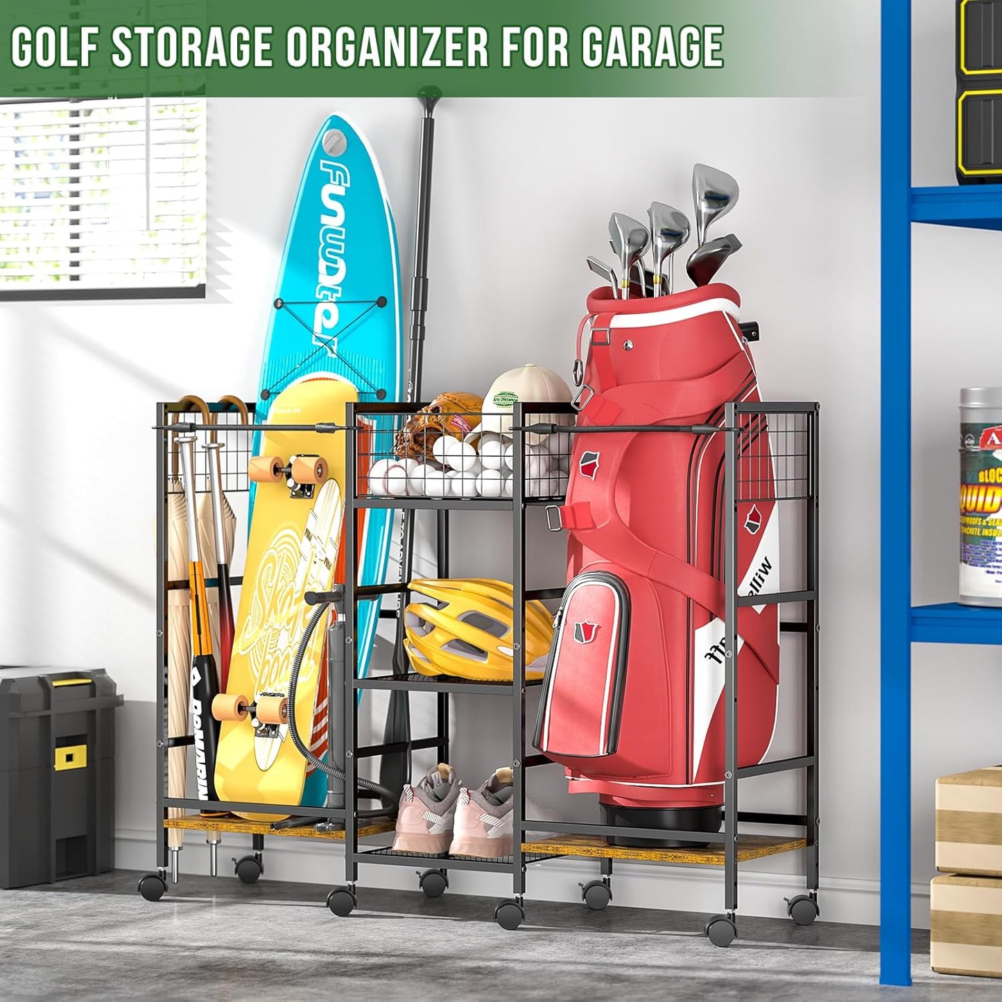 Golf Bag Storage Rack for Garage with Wheels, Organizer for Golf Bag and Equipment Accessories, Golf Organizer Stand Ideal for Home, Garage, Club, Shed, Basement - Sturdy and Durable (Black)