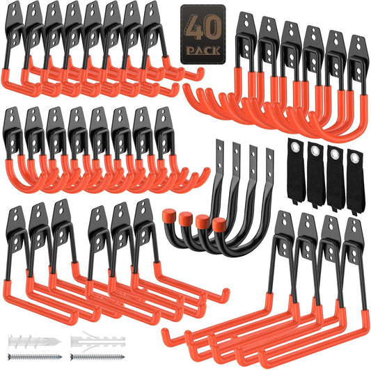 40 Pack Utility Steel Heavy Duty Wall Mount Garage Hooks,with Anti-Slip Coating,for Hanging Bikes,Ladder,Ropes,Bulk Items,Power,Yard and Garden Tools