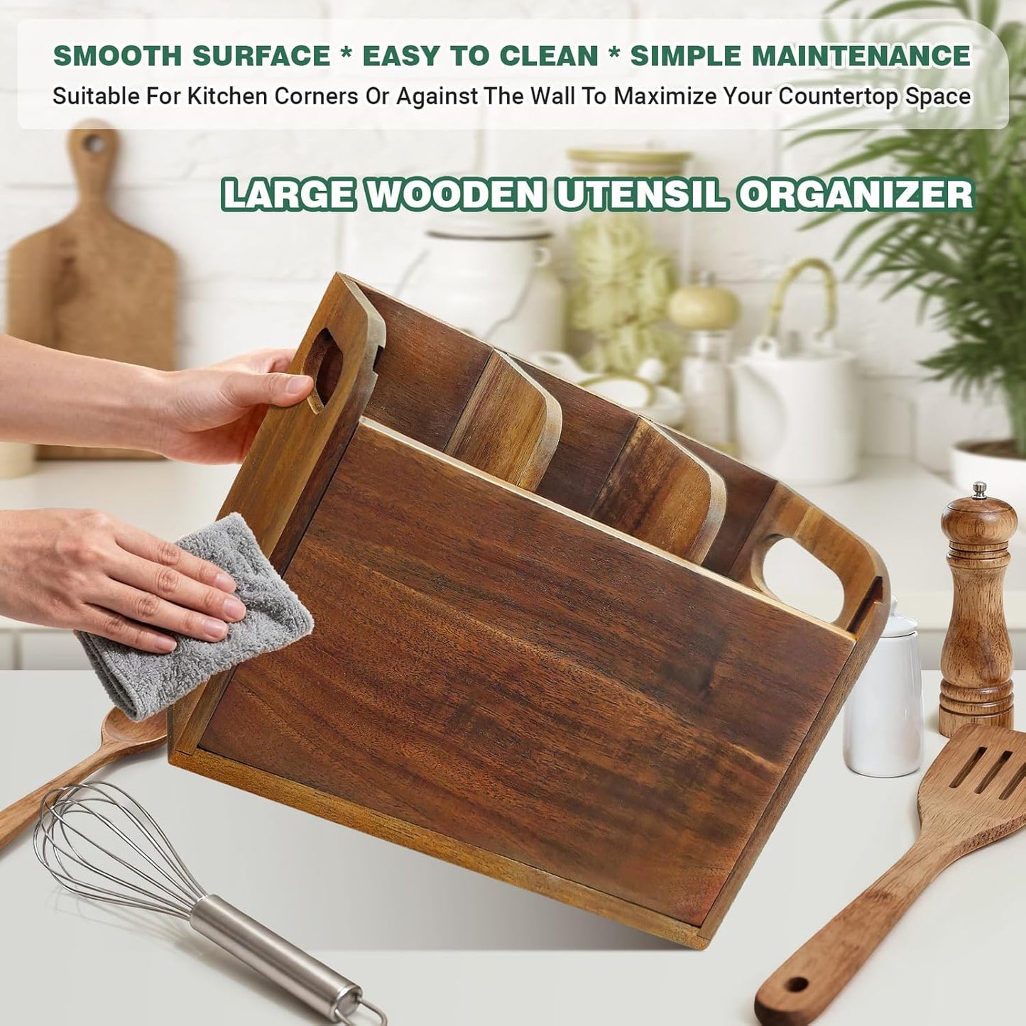 Acacia Wood Utensil Holder Kitchen Utensil Holder with 3 Compartments Cooking Spatula Organizer Large Cutlery Organizer for Kitchen Countertop Farmhouse Kitchen Decor