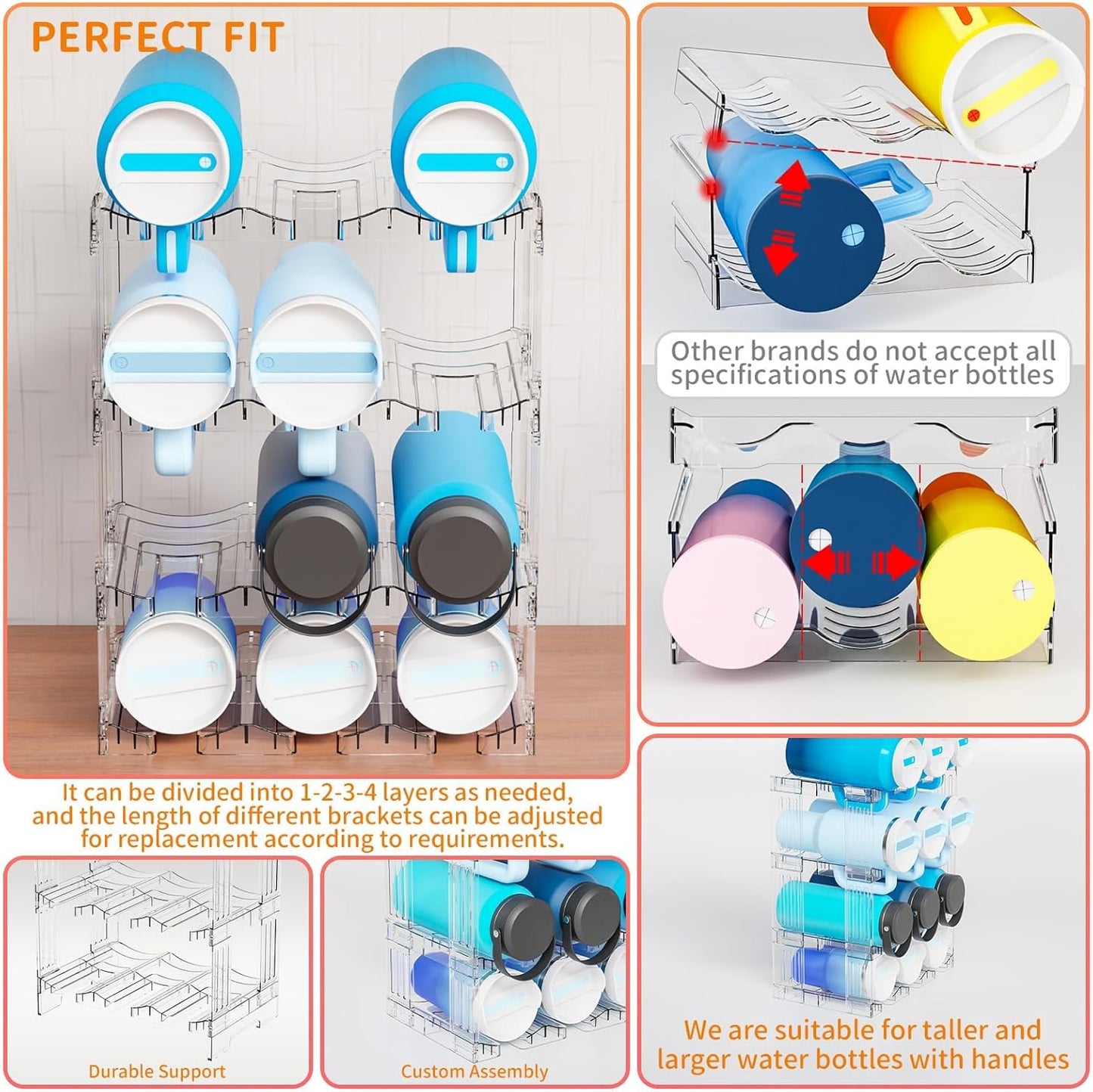 Yieach Stackable Water Bottle Organizer for Cabinet Yeti or Stanley Storage Organizers - Larger Compartment for 40 oz Stanley Cup Holder and Other Tumbler Organizers,Waterbottle Rack for Pantry,2 Tier