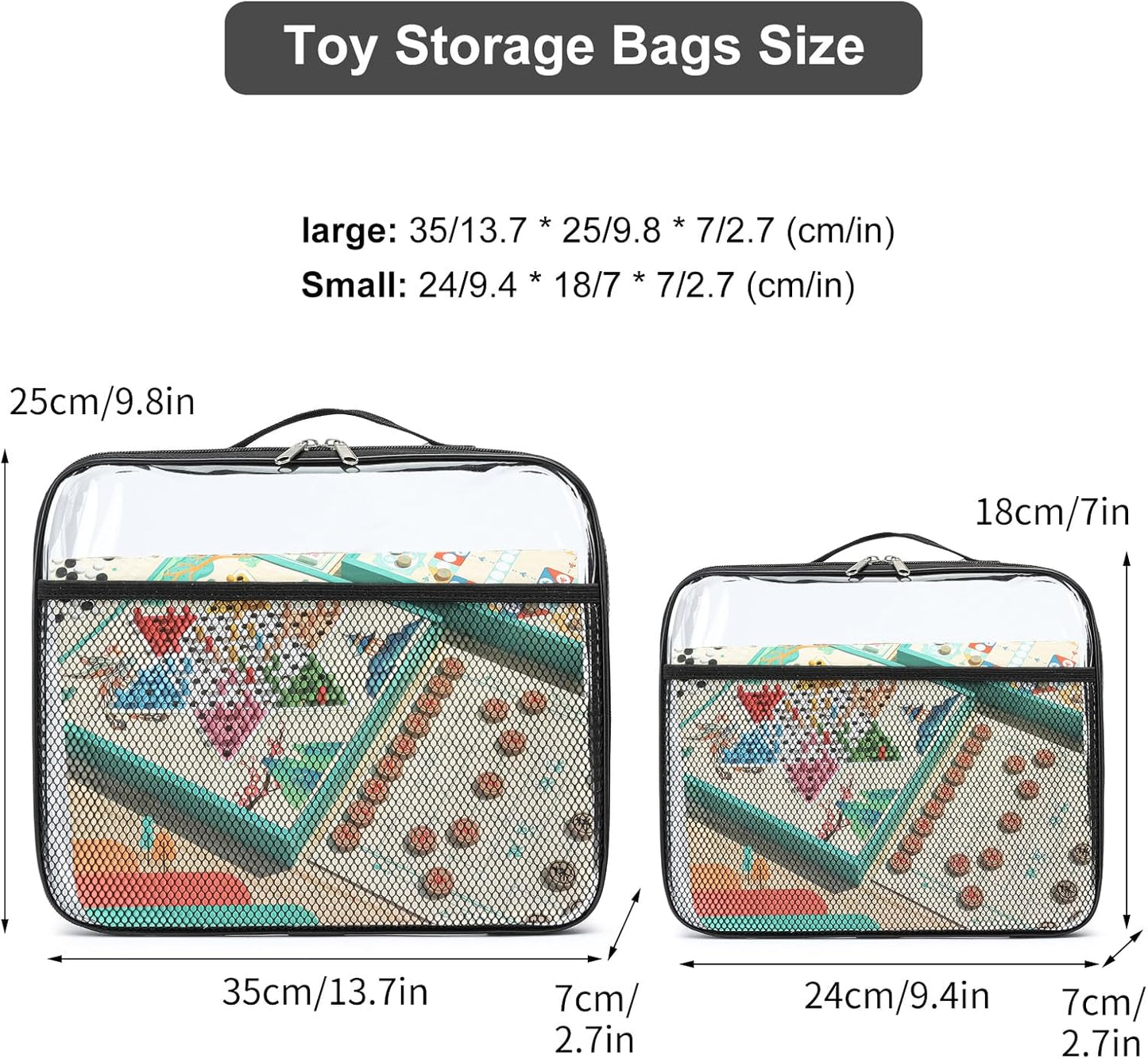 4 Pack Clear PVC Waterproof Toy Storage Bags with Name Tag Pockets - Zippered Organizer for 2x4 Building Blocks, Puzzles, Travel Toiletries, Kids Room Organization (Black, Small)